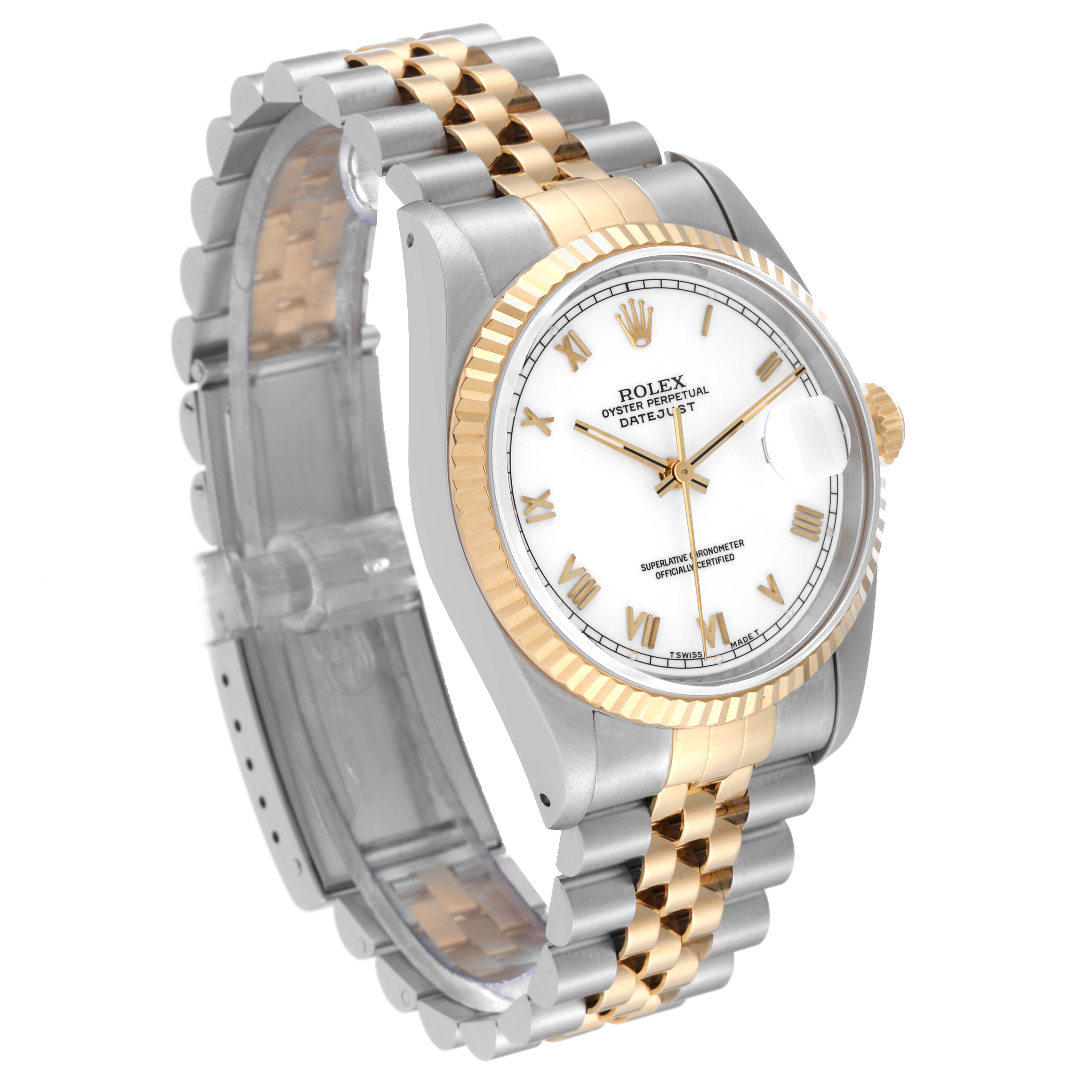 The image shows a Rolex Datejust 16233 Men's Steel and Gold (two tone) White Dial 16233 Men's Steel and Gold (two tone) White Dial watch at an angled view, displaying the white dial, gold fluted bezel, and two-tone Jubilee bracelet.