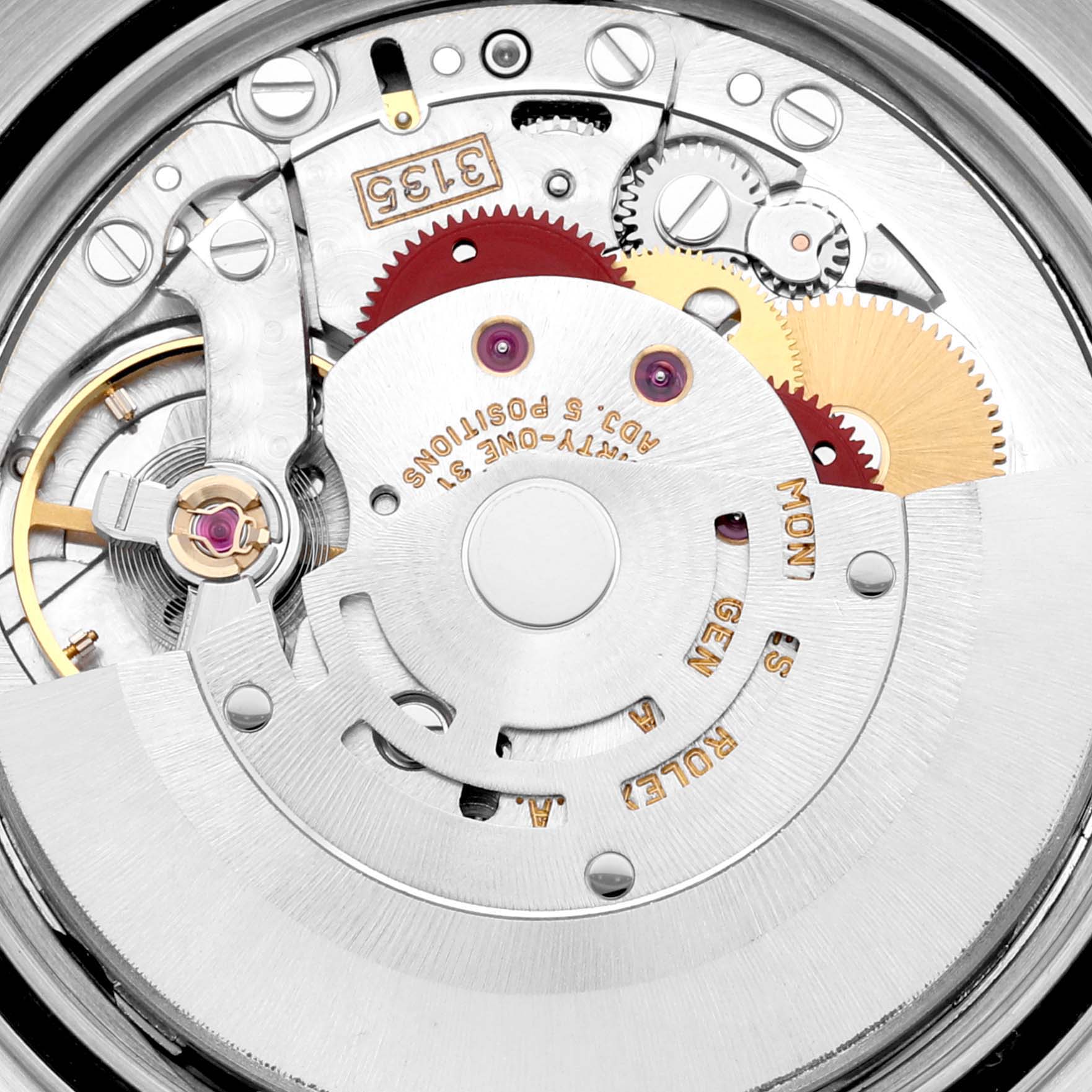 This is a close-up view of the movement mechanism inside a Rolex Datejust 16233 Men's Steel and Gold (two tone) White Dial 16233 Men's Steel and Gold (two tone) White Dial watch.