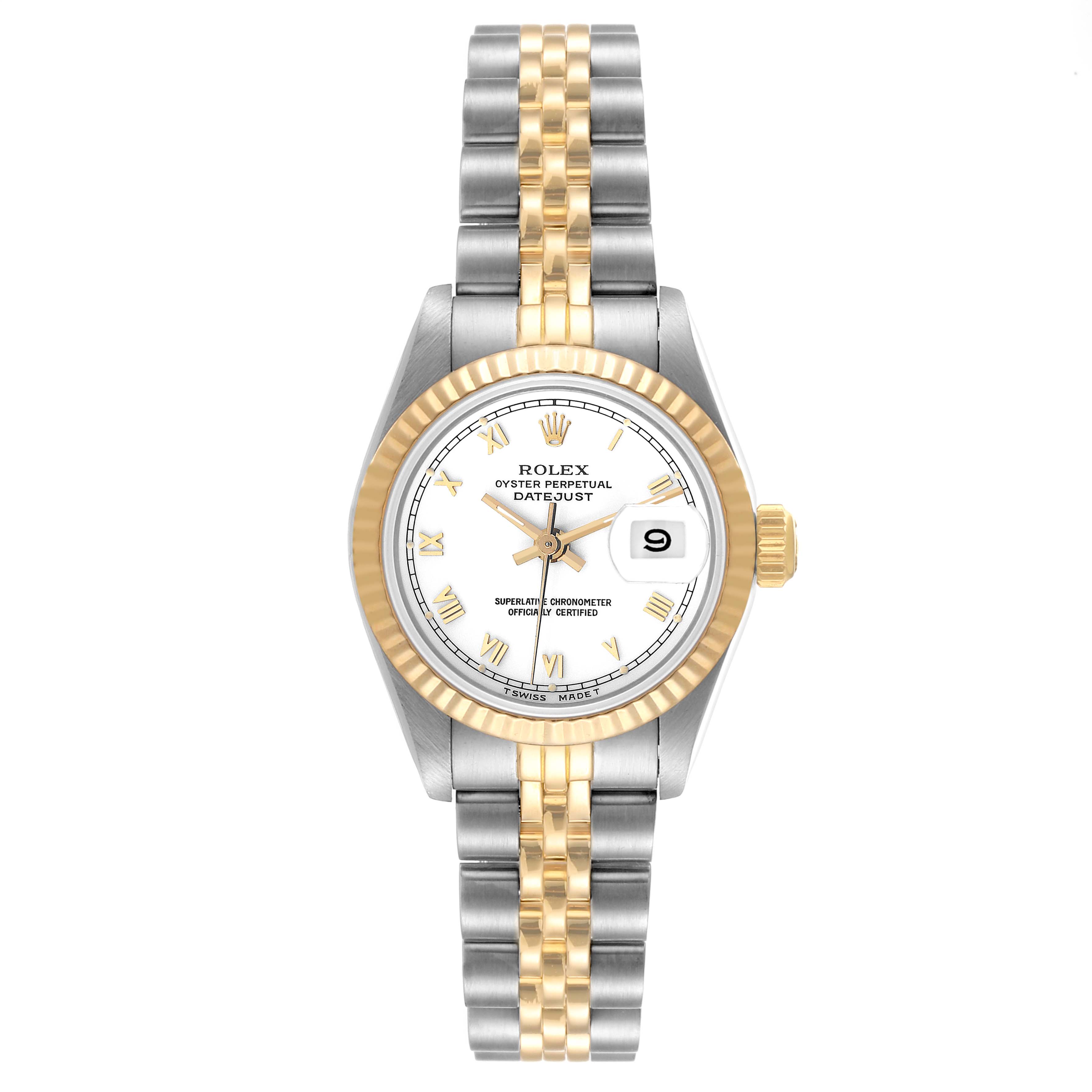 This is a front view of the Rolex Datejust 69173 Women's Steel and Gold (two tone) White Dial 69173 Women's Steel and Gold (two tone) White Dial watch, showing its face, bezel, and bracelet.