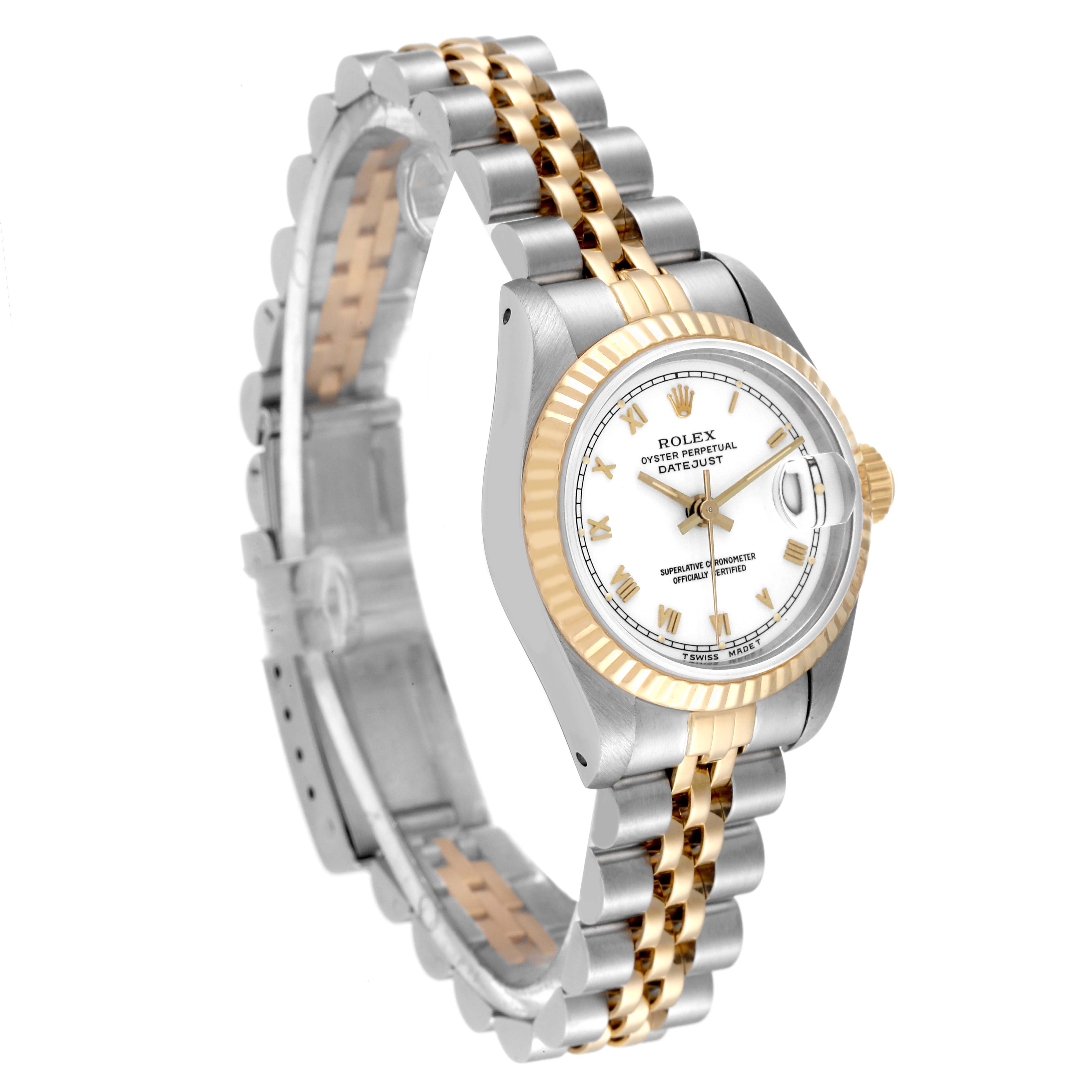 The image shows a Rolex Datejust 69173 Women's Steel and Gold (two tone) White Dial 69173 Women's Steel and Gold (two tone) White Dial watch at a three-quarter angle, highlighting its two-tone bracelet, bezel, and dial.