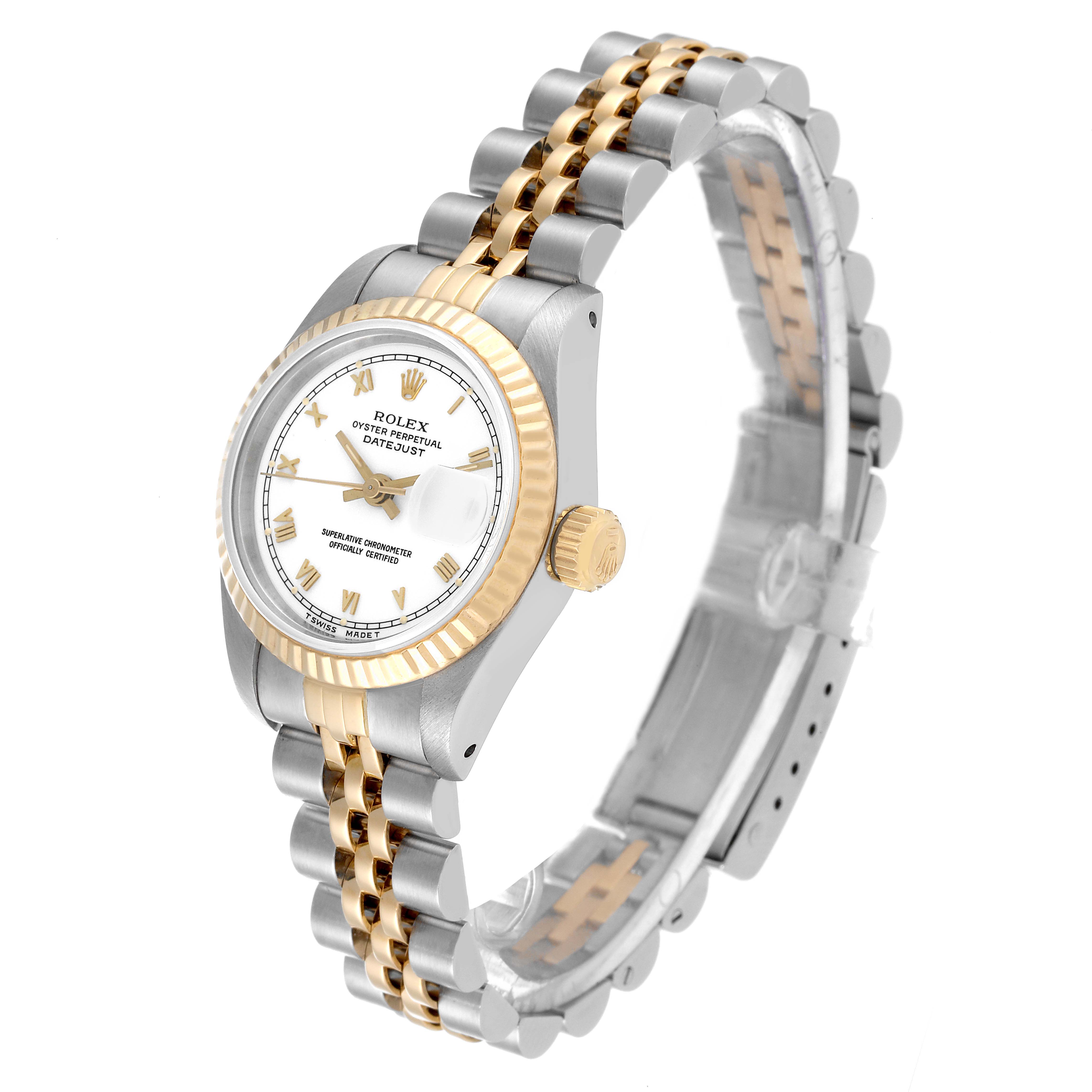 The Rolex Datejust 69173 Women's Steel and Gold (two tone) White Dial 69173 Women's Steel and Gold (two tone) White Dial watch is shown from a diagonal angle, highlighting its gold and silver bracelet, bezel, and face.