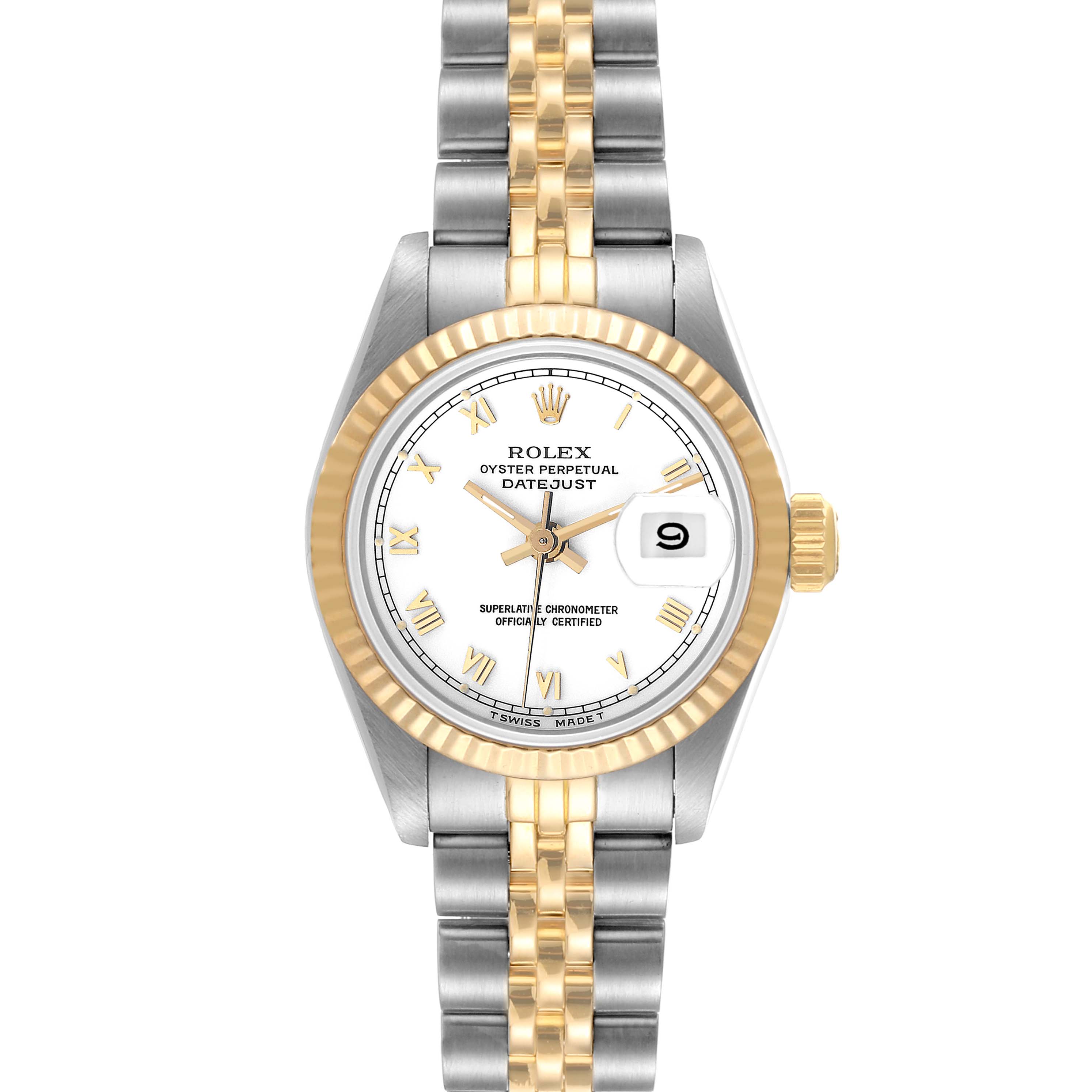 This image shows a frontal view of a Rolex Datejust 69173 Women's Steel and Gold (two tone) White Dial 69173 Women's Steel and Gold (two tone) White Dial watch, highlighting the dial, bezel, bracelet, and crown.