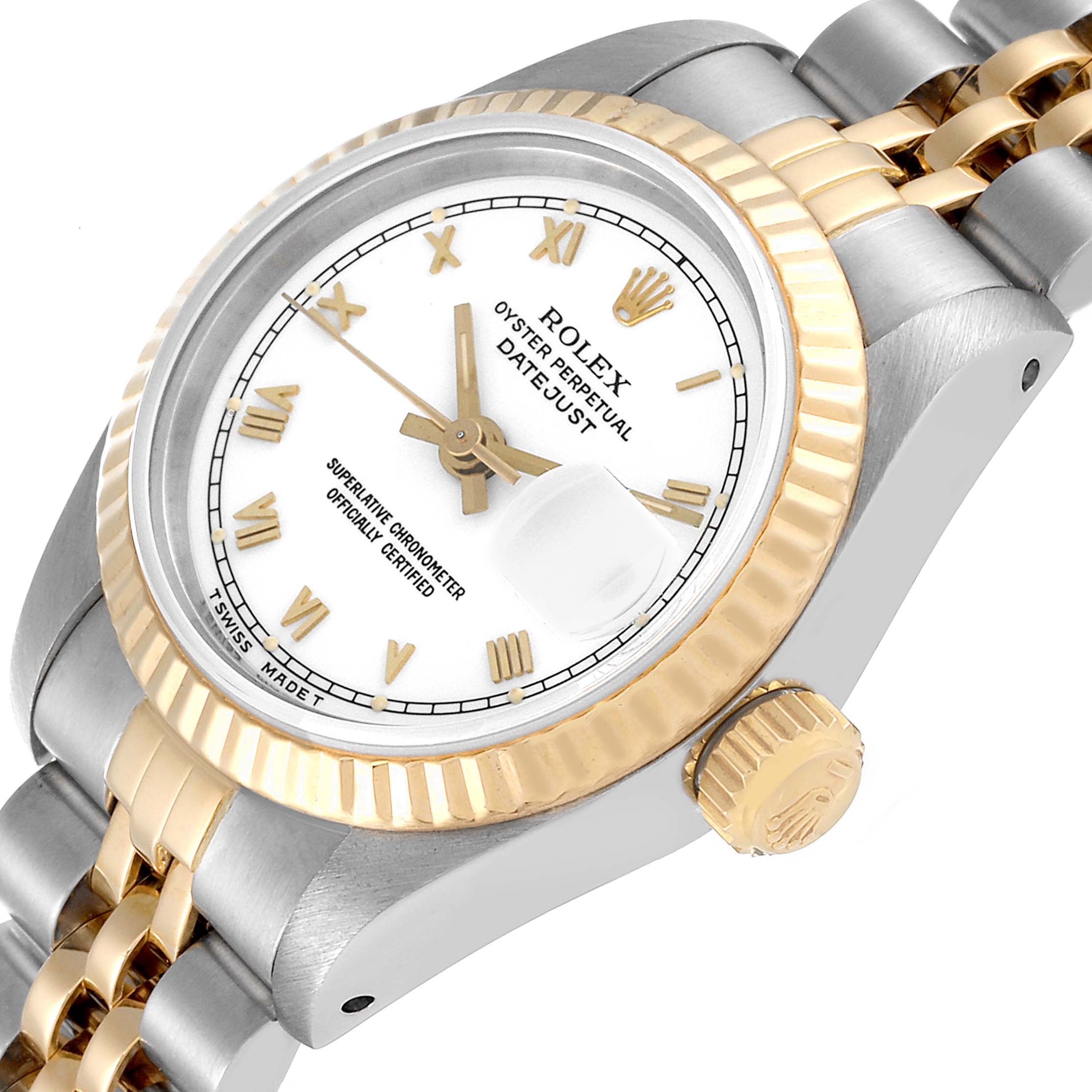 The image shows a close-up of the Rolex Datejust 69173 Women's Steel and Gold (two tone) White Dial 69173 Women's Steel and Gold (two tone) White Dial watch, highlighting its face, bezel, crown, and part of its bracelet.