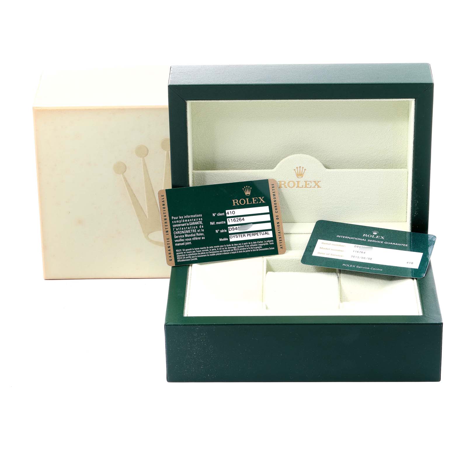 The image shows an open Rolex Turn-o-Graph 116264 Men
s Stainless Steel Black Dial 116264 Men
s Stainless Steel Black Dial watch box with warranty and information cards inside and in front of the box.