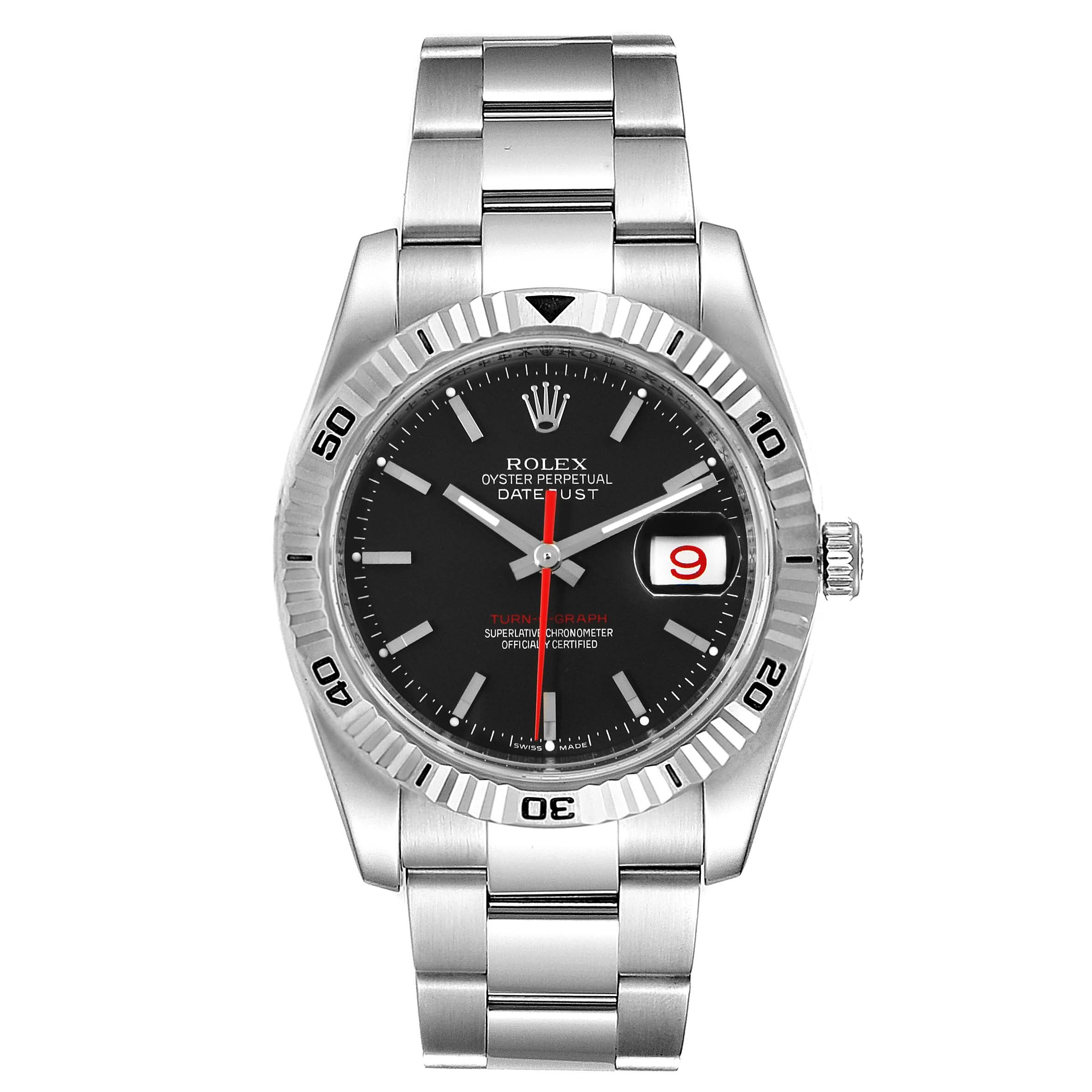 The image shows a front view of a Rolex Turn-o-Graph 116264 Men
s Stainless Steel Black Dial 116264 Men
s Stainless Steel Black Dial watch, displaying the face, bezel, crown, and bracelet.
