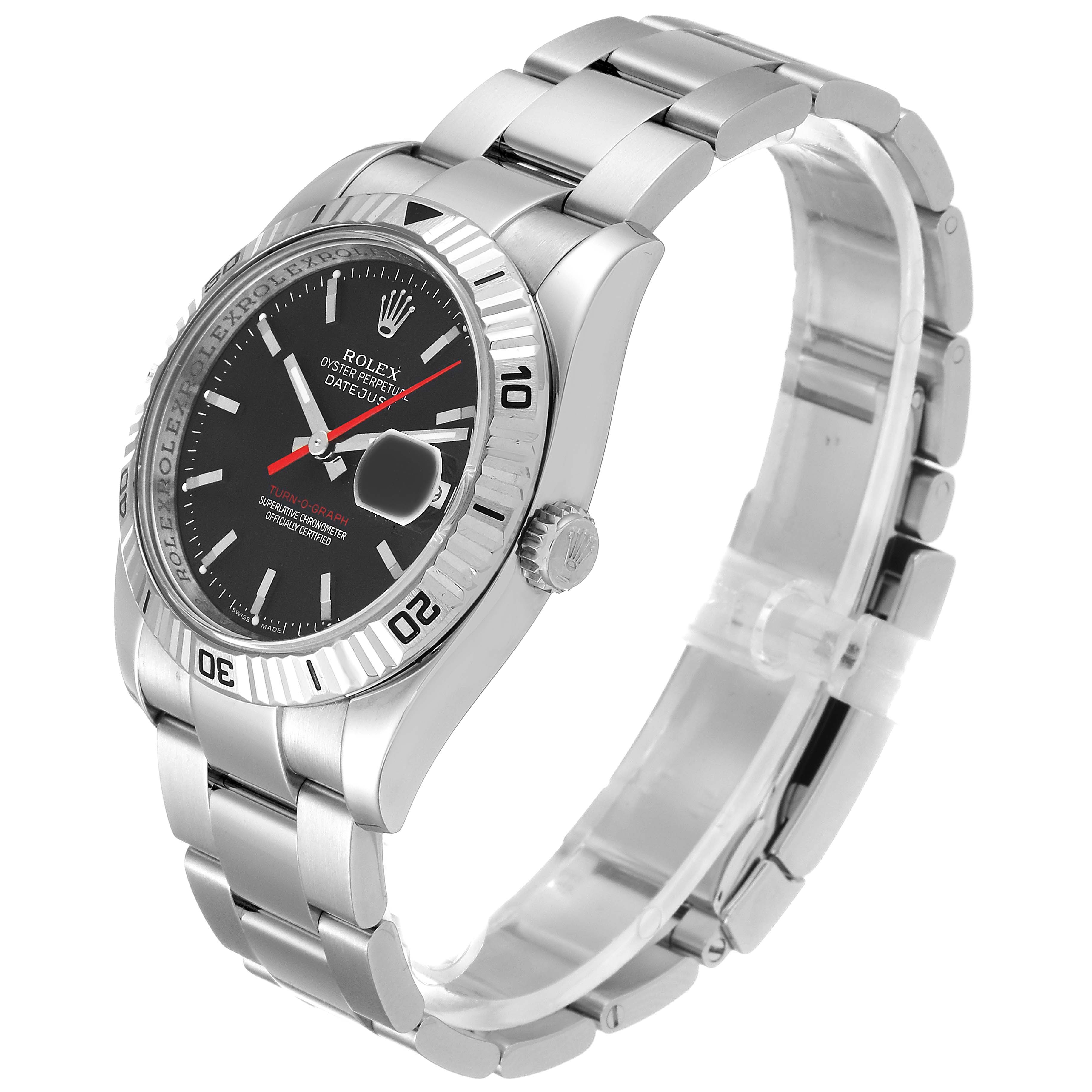The image shows a side angle of the Rolex Turn-o-Graph 116264 Men
s Stainless Steel Black Dial 116264 Men
s Stainless Steel Black Dial watch, highlighting its face, bezel, crown, and bracelet.