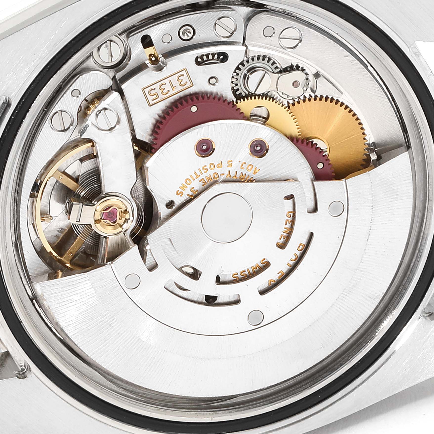 This image shows the intricate mechanical movement of a Rolex Turn-o-Graph 116264 Men
s Stainless Steel Black Dial 116264 Men
s Stainless Steel Black Dial watch from a close-up angle.