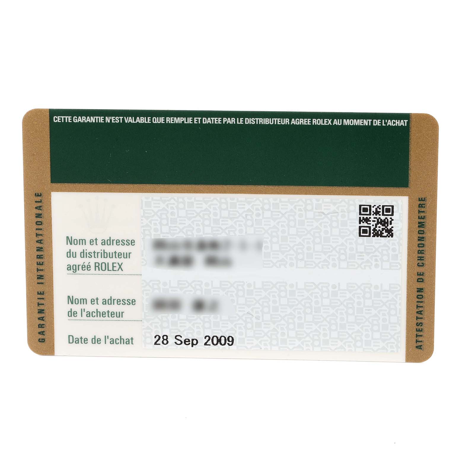 This image shows the warranty card for the Rolex Turn-o-Graph 116264 Men
s Stainless Steel Black Dial 116264 Men
s Stainless Steel Black Dial model, dated 28 Sep 2009.