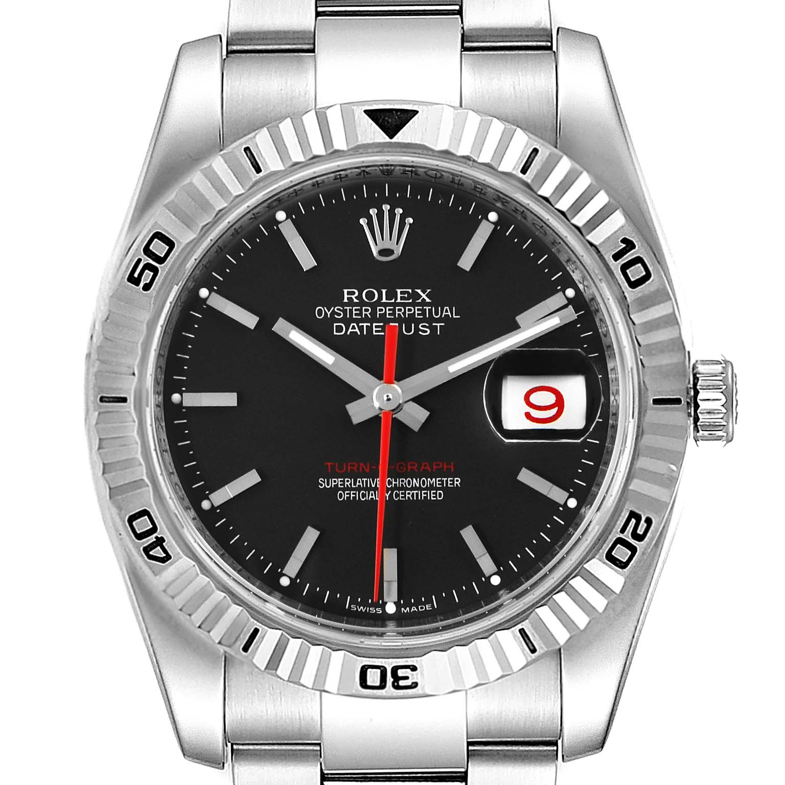The Rolex Turn-o-Graph 116264 Men
s Stainless Steel Black Dial 116264 Men
s Stainless Steel Black Dial watch is shown from a front angle, highlighting its black dial, silver bezel, and metal bracelet.
