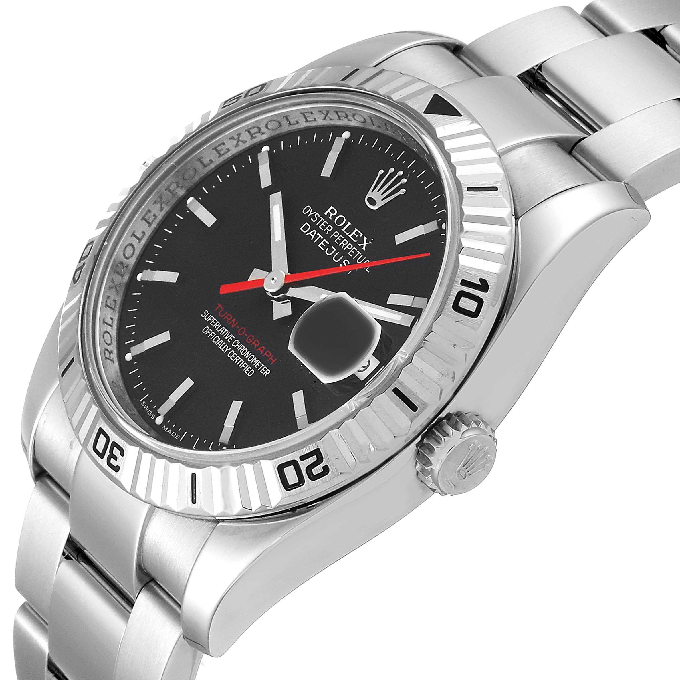 The image shows a close-up angle of a Rolex Turn-o-Graph 116264 Men
s Stainless Steel Black Dial 116264 Men
s Stainless Steel Black Dial watch highlighting its dial, bezel, crown, and part of the bracelet.