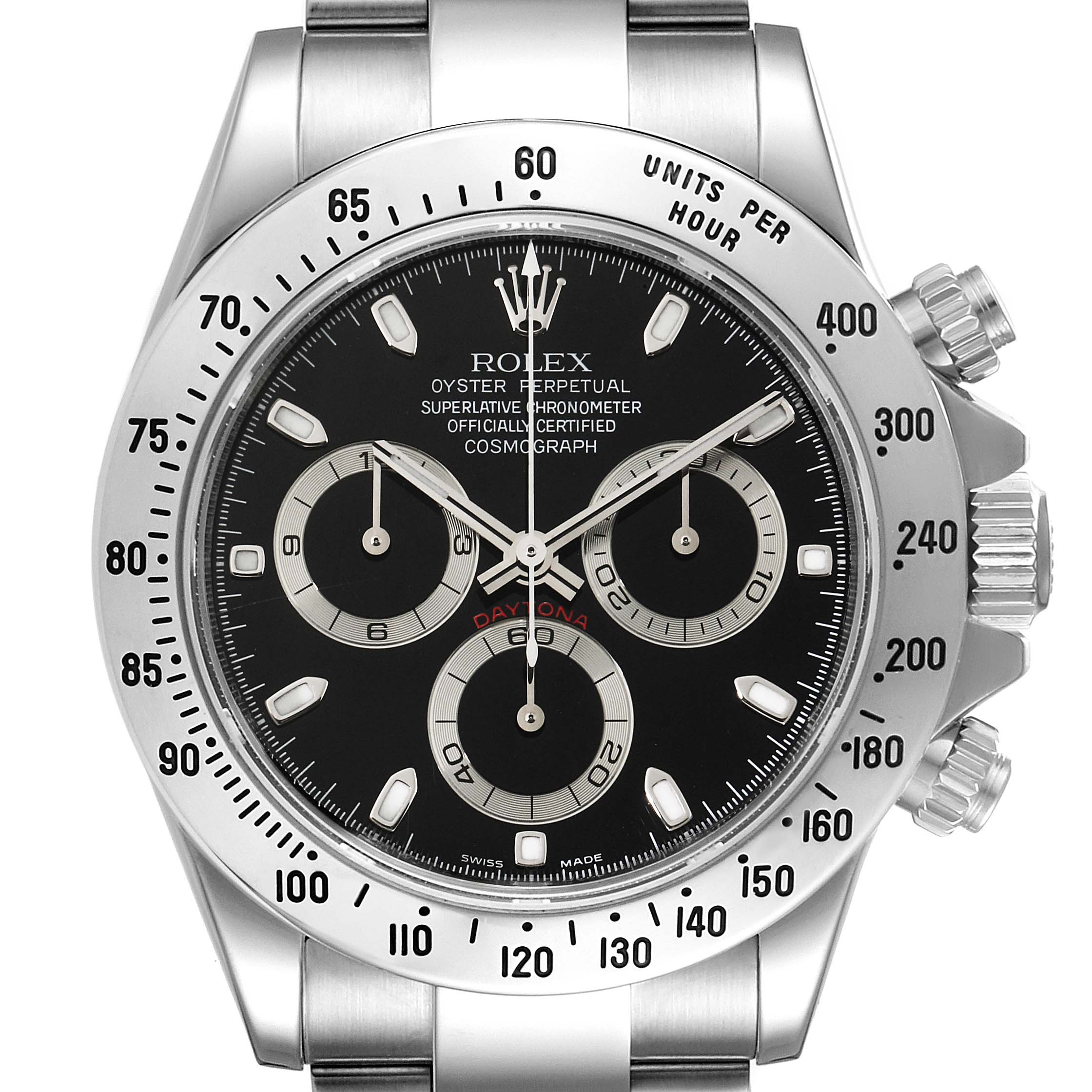 The image shows a front view of a Rolex Daytona 116520 Men's Stainless Steel Black Dial 116520 Men's Stainless Steel Black Dial watch, highlighting its dial, bezel, pushers, and bracelet.