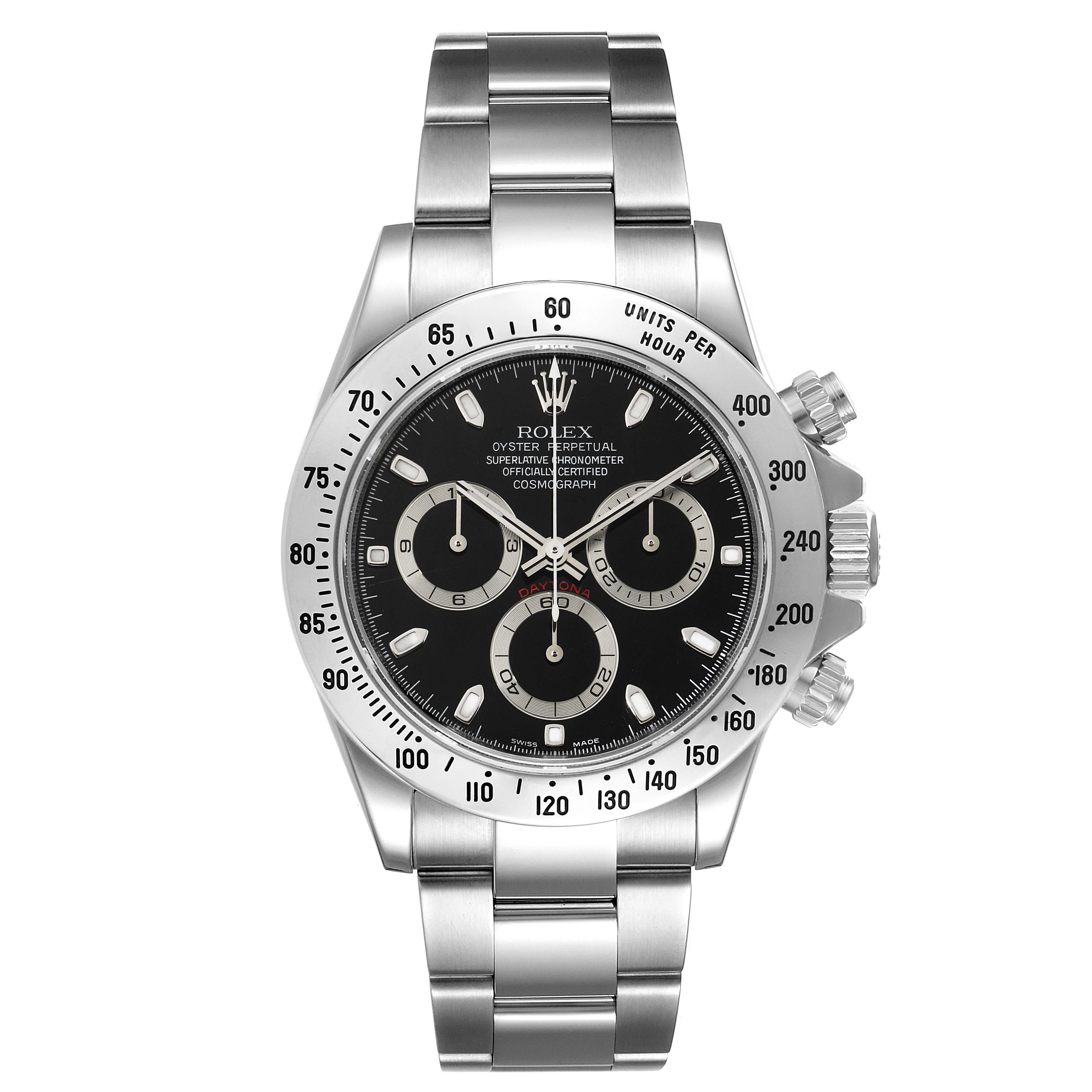 This image shows the front view of a Rolex Daytona 116520 Men's Stainless Steel Black Dial 116520 Men's Stainless Steel Black Dial watch, featuring the dial, bezel, and bracelet.