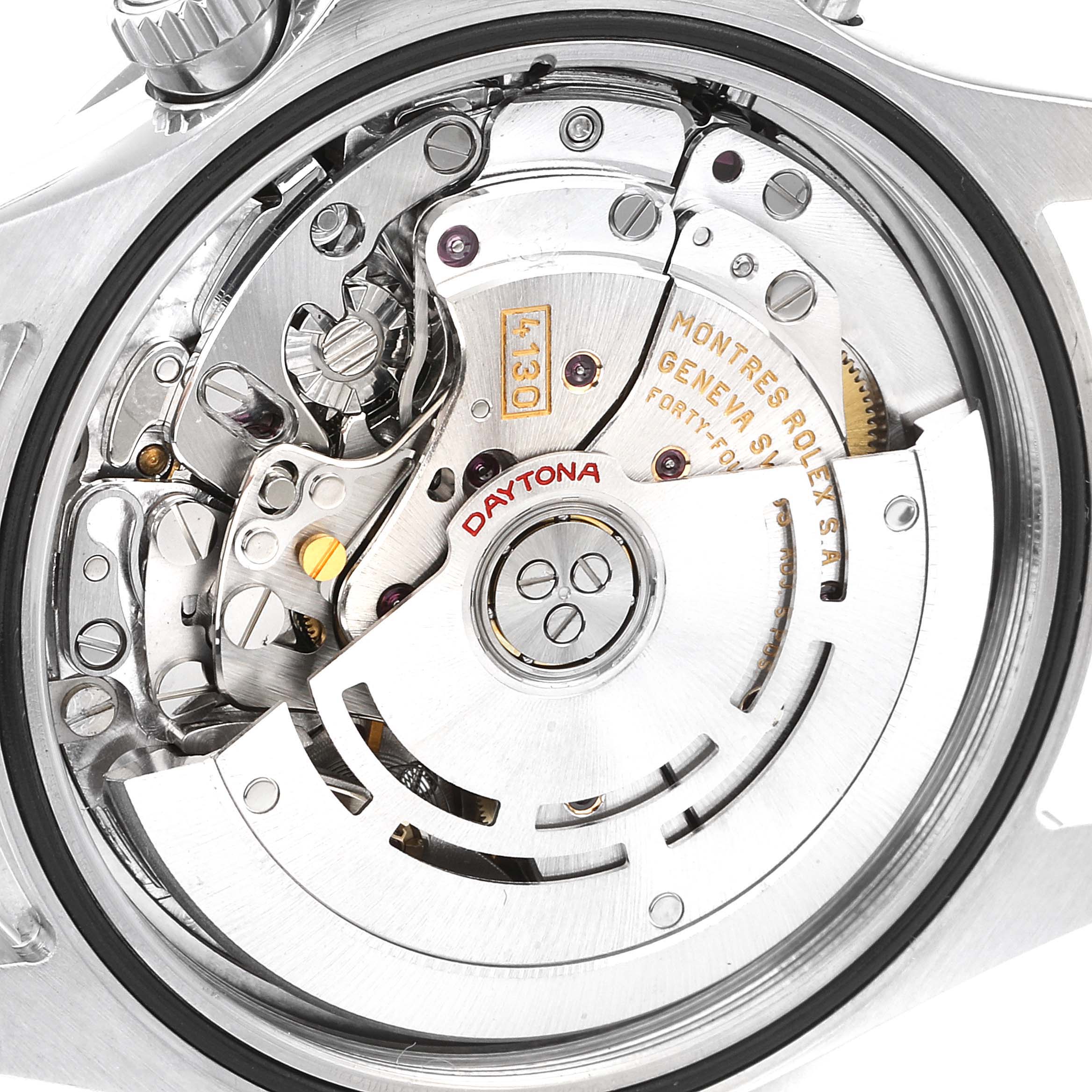 This image shows the inner mechanism of a Rolex Daytona 116520 Men's Stainless Steel Black Dial 116520 Men's Stainless Steel Black Dial watch from a back angle, emphasizing its intricate components.