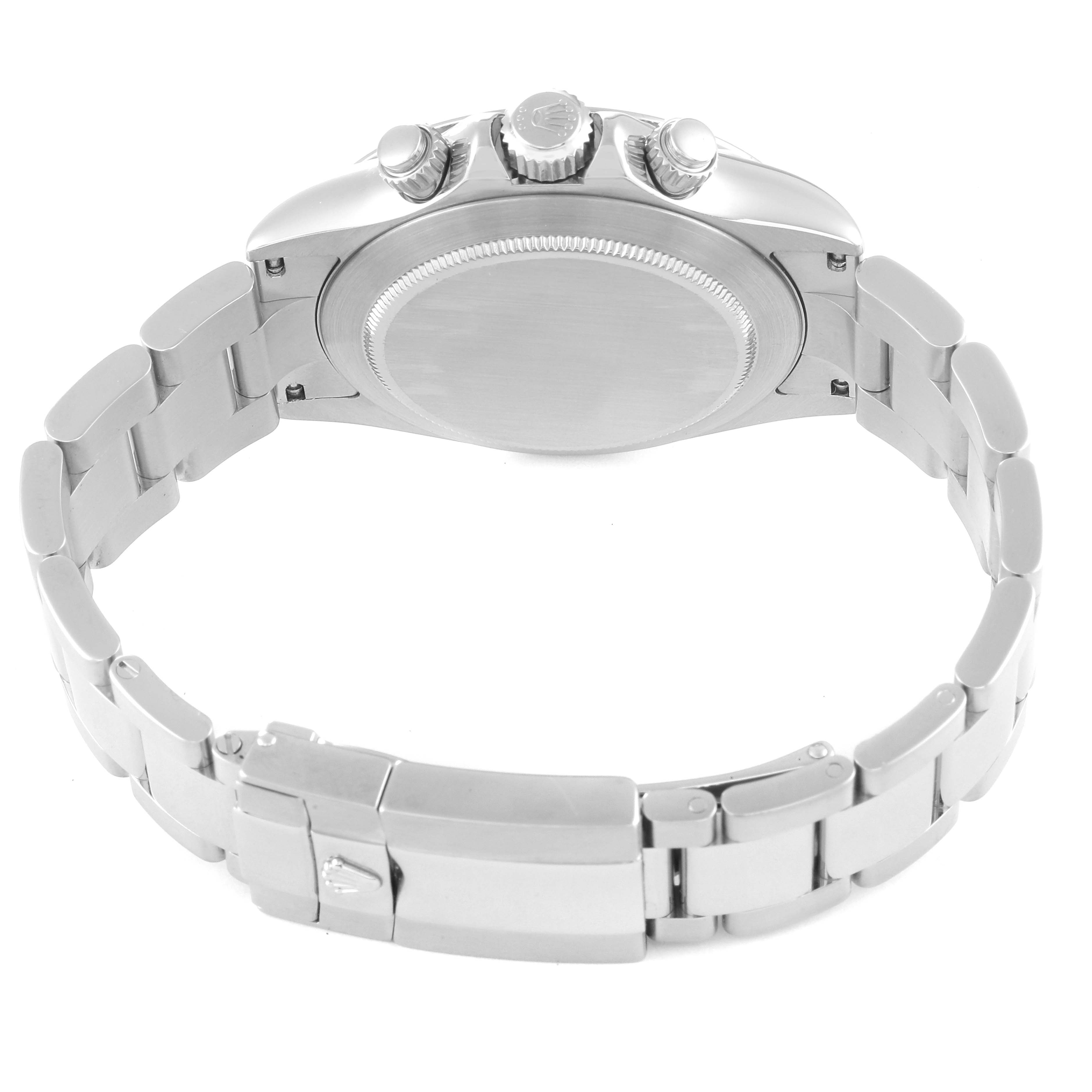 The image shows the back and the bracelet of a Rolex Daytona 116520 Men's Stainless Steel Black Dial 116520 Men's Stainless Steel Black Dial watch from a rear angle.