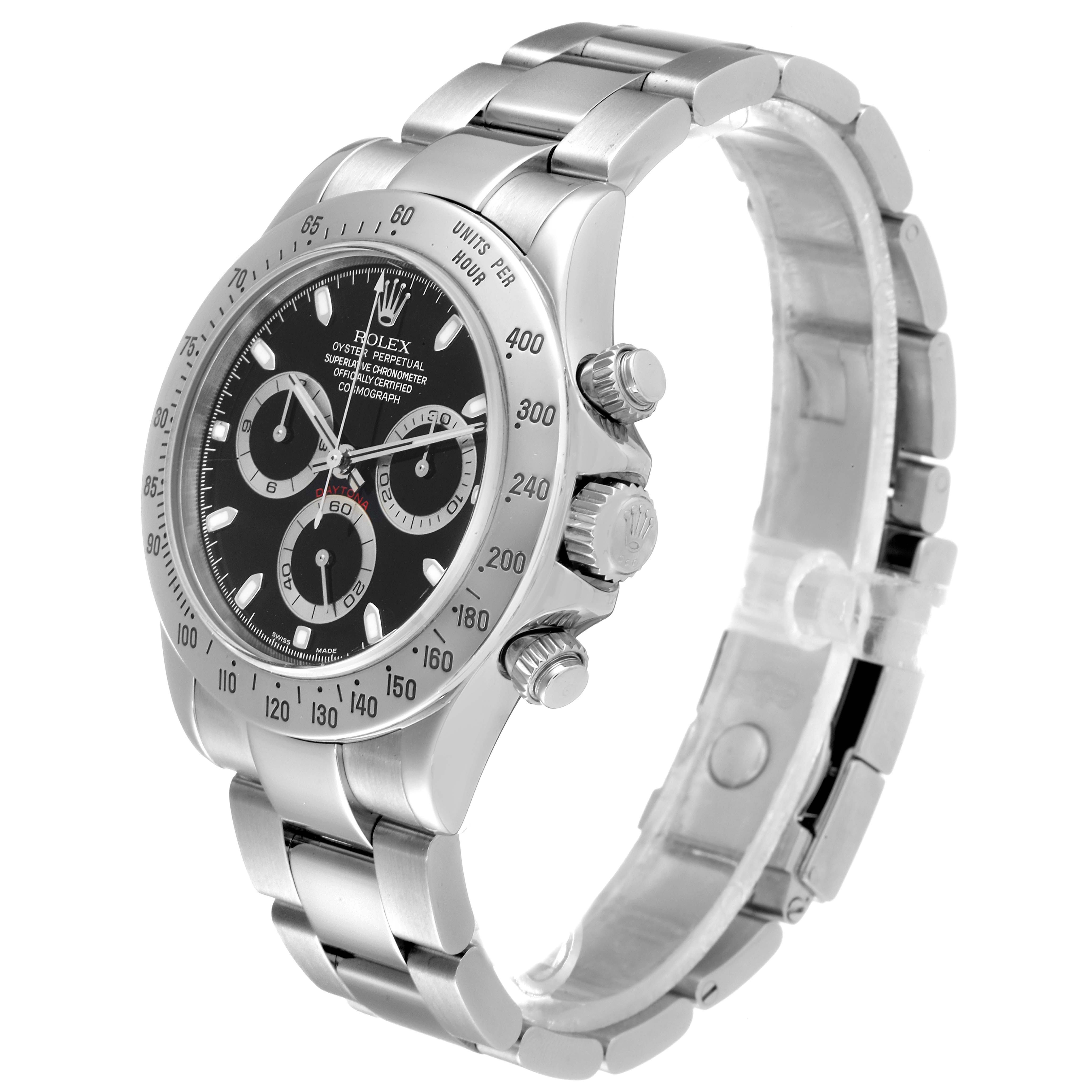 The Rolex Daytona 116520 Men's Stainless Steel Black Dial 116520 Men's Stainless Steel Black Dial watch is shown at an angle, highlighting its bezel, crown, chronograph pushers, and bracelet.