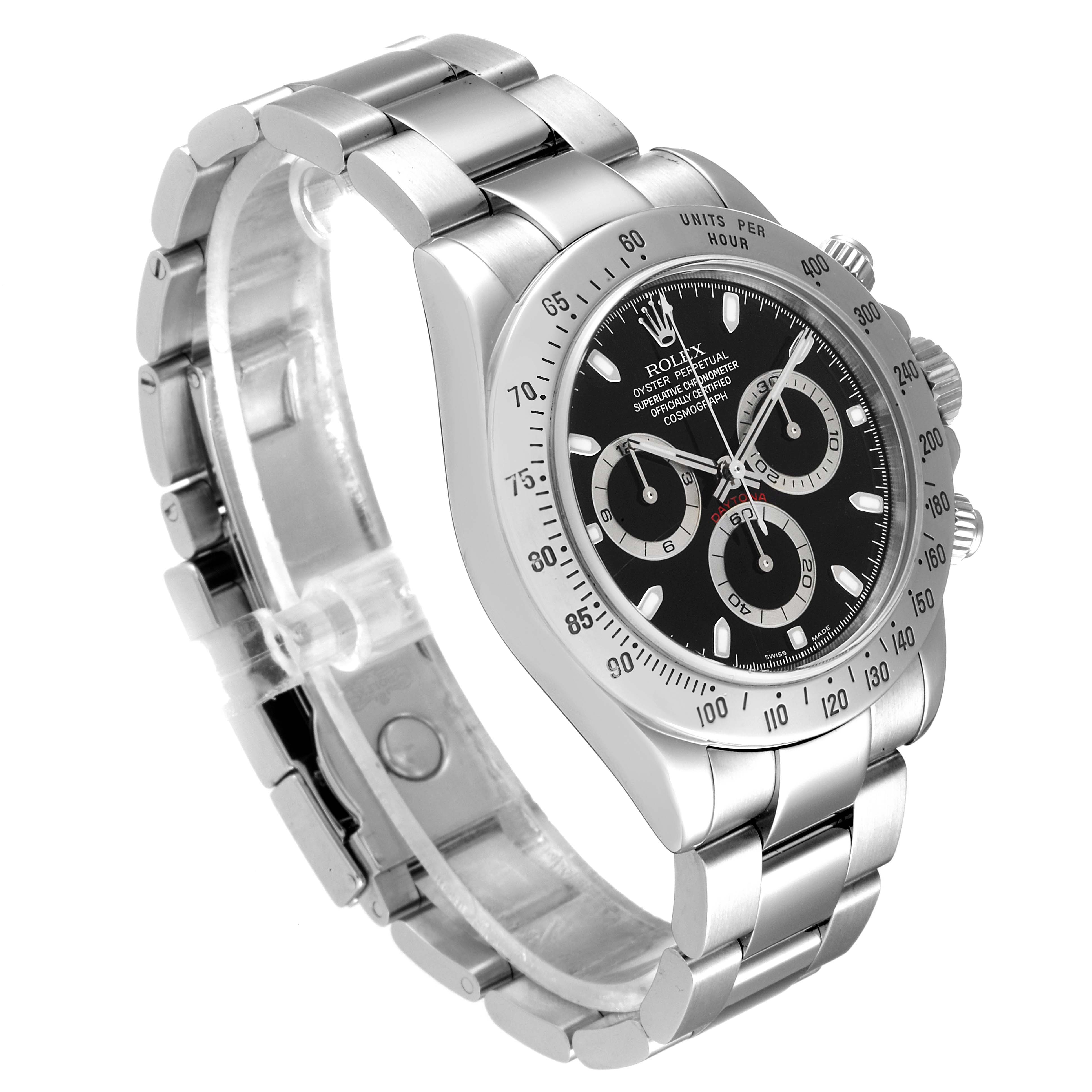 This image shows a side and front angle view of a Rolex Daytona 116520 Men's Stainless Steel Black Dial 116520 Men's Stainless Steel Black Dial watch, highlighting its dial, bezel, and bracelet.