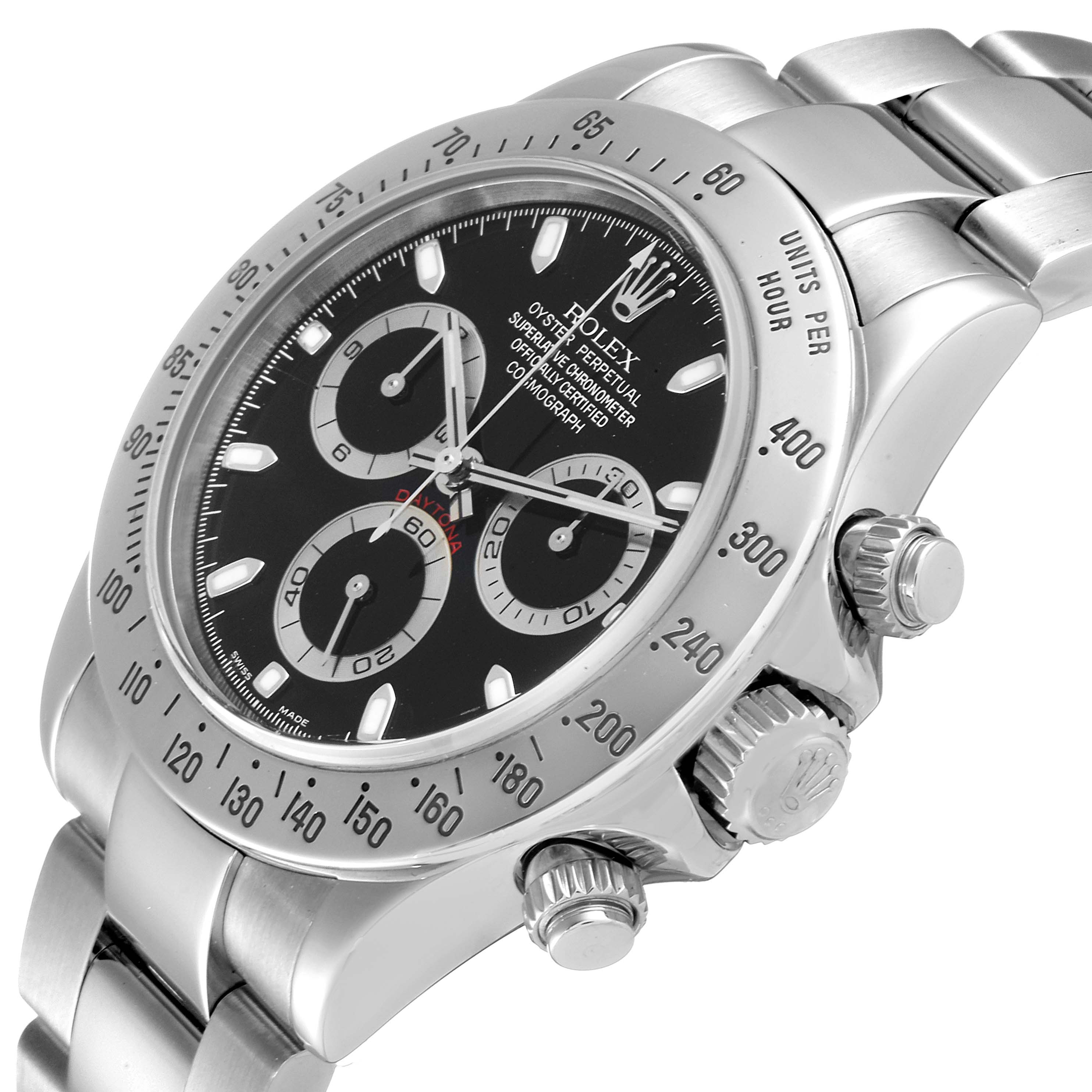 This image shows a close-up angled view of the face, bezel, and pushers of a Rolex Daytona 116520 Men's Stainless Steel Black Dial 116520 Men's Stainless Steel Black Dial model watch.