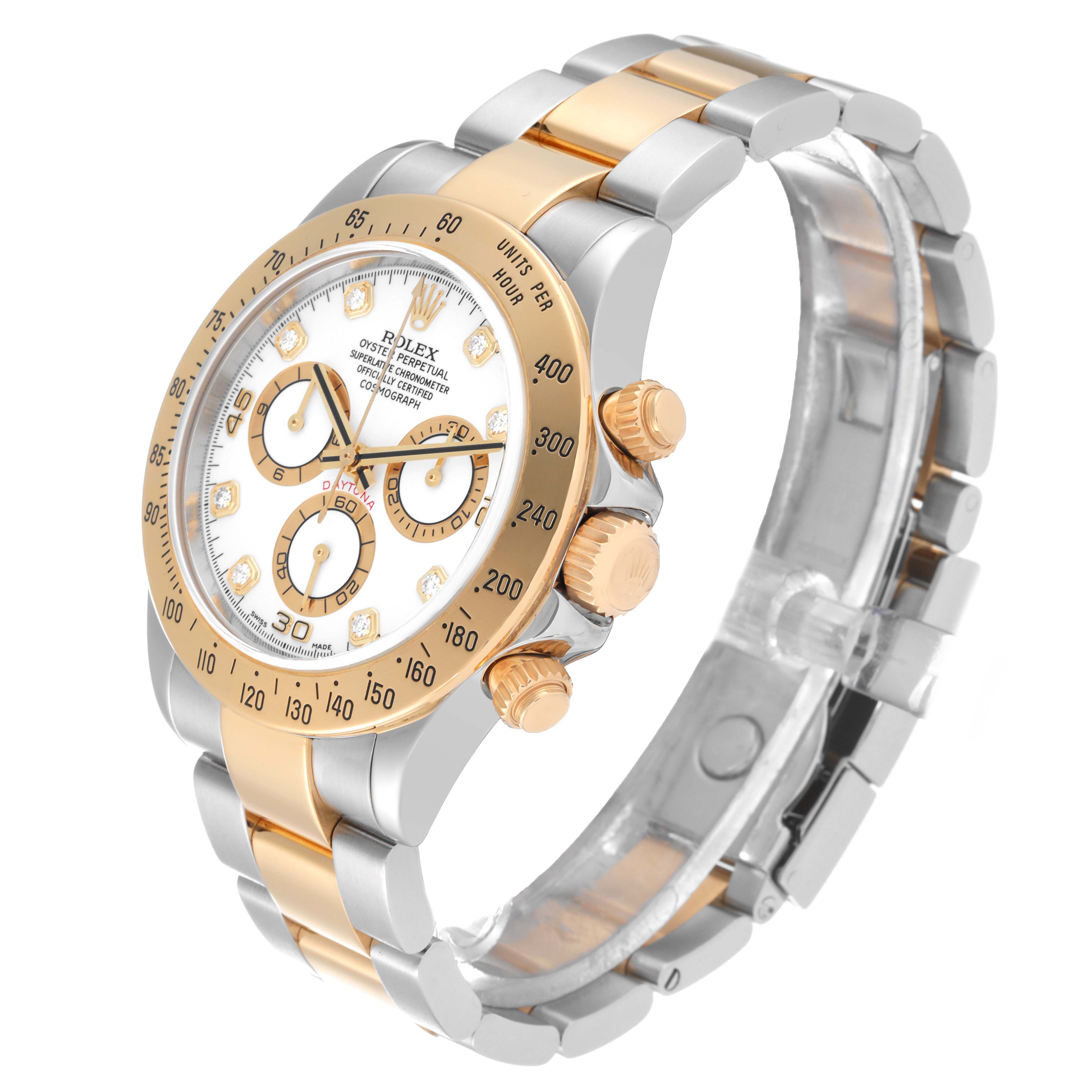 The image shows a side and top view of a Rolex Daytona 116523G Men
s Steel and Gold (two tone) White Dial 116523G Men
s Steel and Gold (two tone) White Dial watch, highlighting the dial, bezel, pushers, and bracelet.
