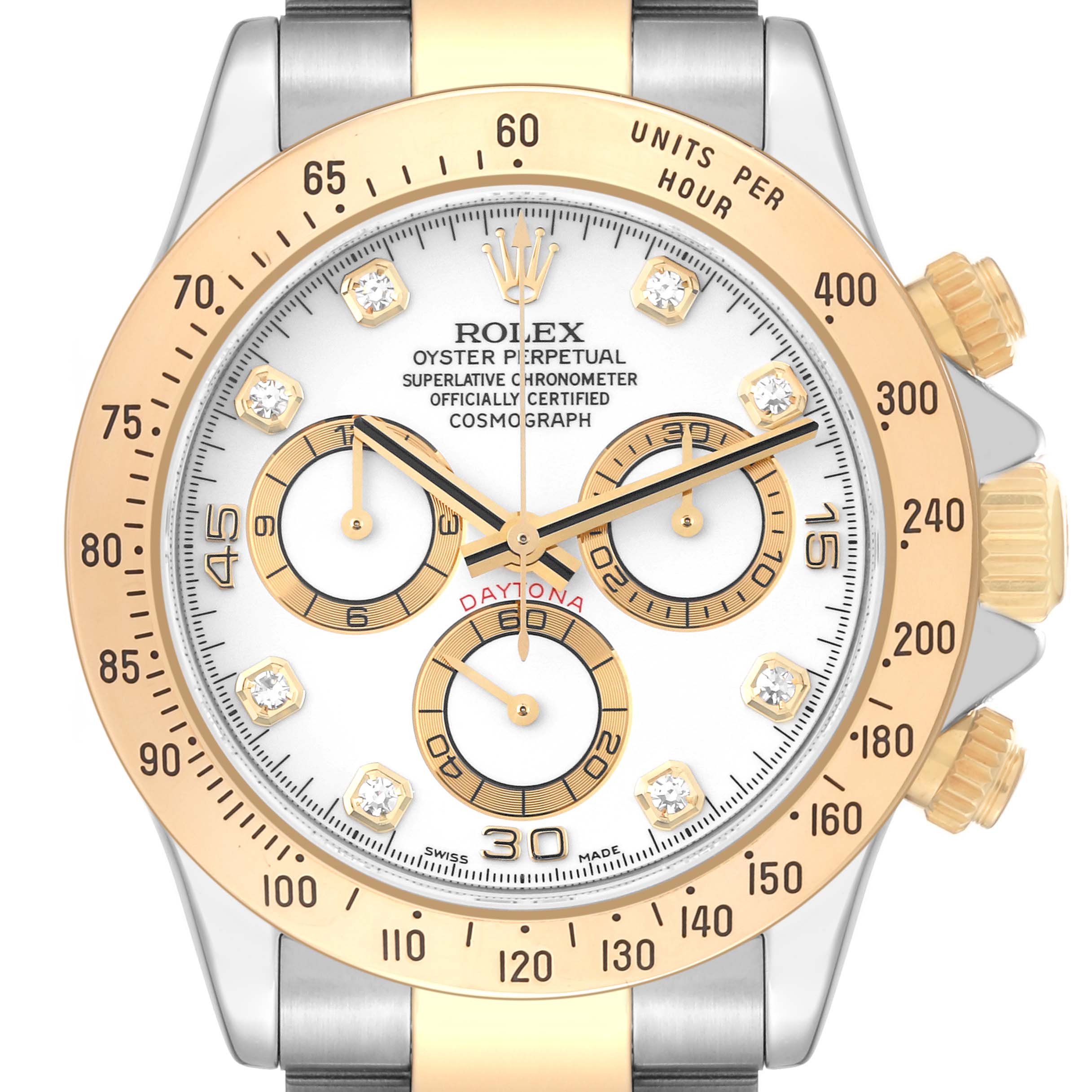 The Rolex Daytona 116523G Men
s Steel and Gold (two tone) White Dial 116523G Men
s Steel and Gold (two tone) White Dial watch is shown from a front angle, displaying the face, bezel, sub-dials, crown, and part of the bracelet.