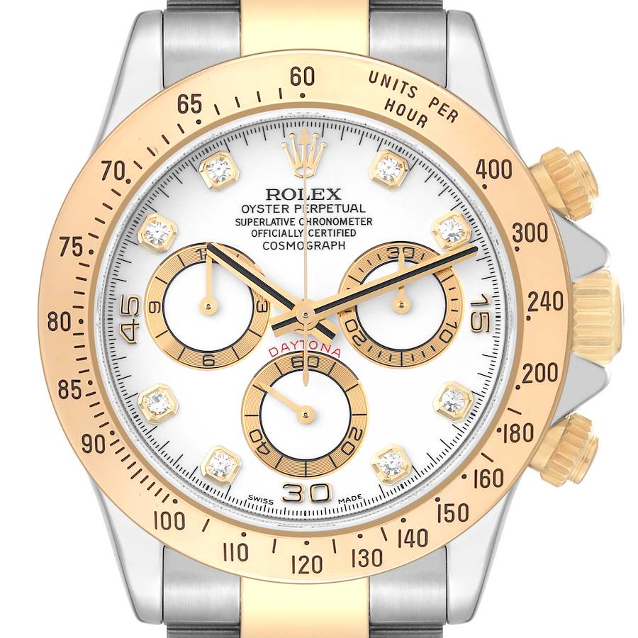 Rolex Daytona Yellow Gold Steel White Diamond Dial Mens Watch 116523 SwissWatchExpo
