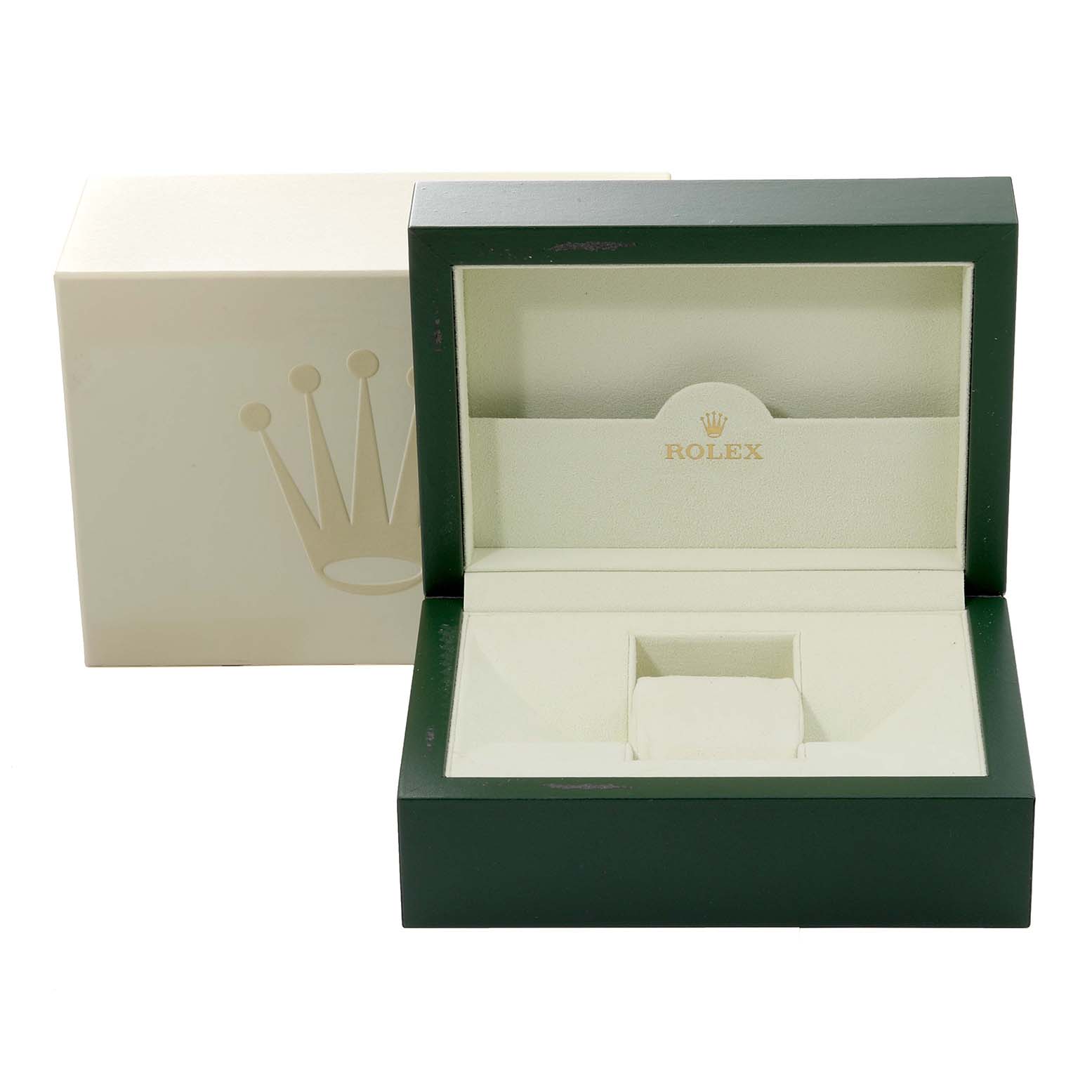 The image shows an open Rolex Daytona 116523G Men
s Steel and Gold (two tone) White Dial 116523G Men
s Steel and Gold (two tone) White Dial watch box with beige and green colors, and the Rolex crown logo visible inside.