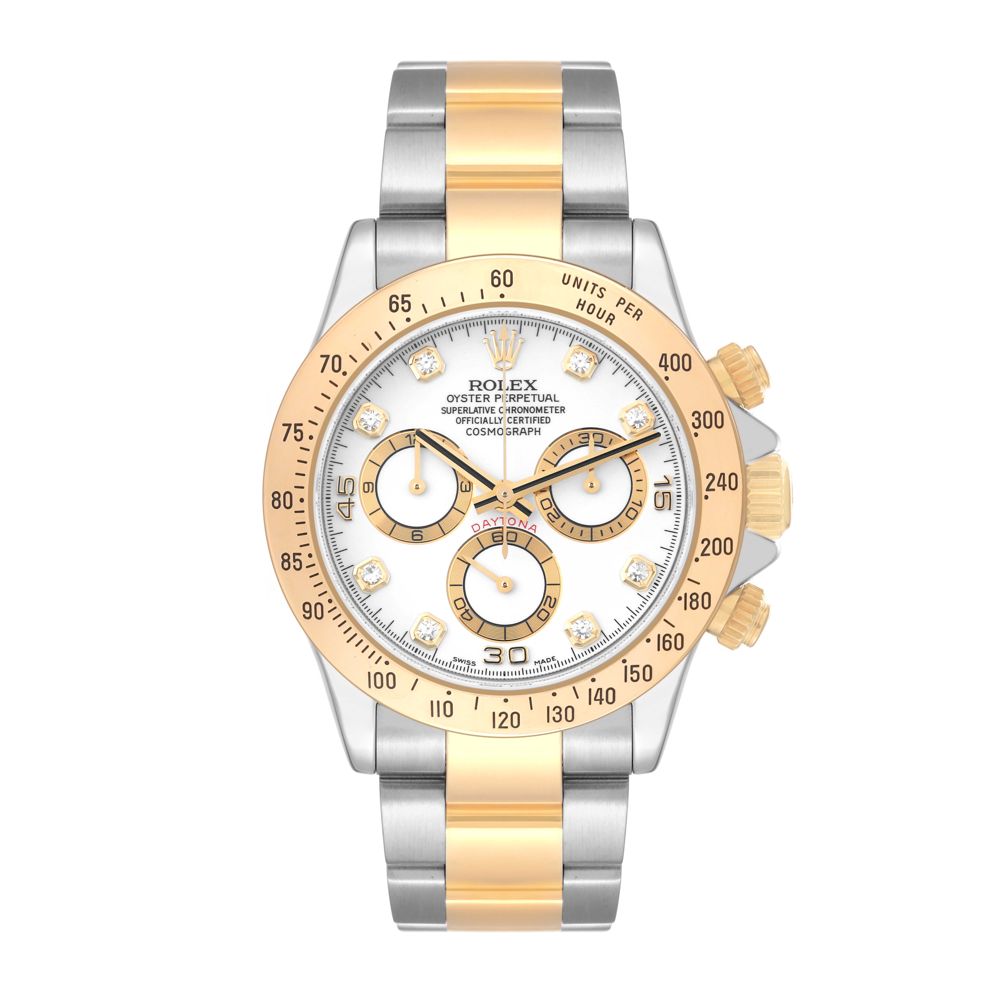 The image shows the Rolex Daytona 116523G Men
s Steel and Gold (two tone) White Dial 116523G Men
s Steel and Gold (two tone) White Dial model from a front angle, displaying the face, crown, and bracelet.