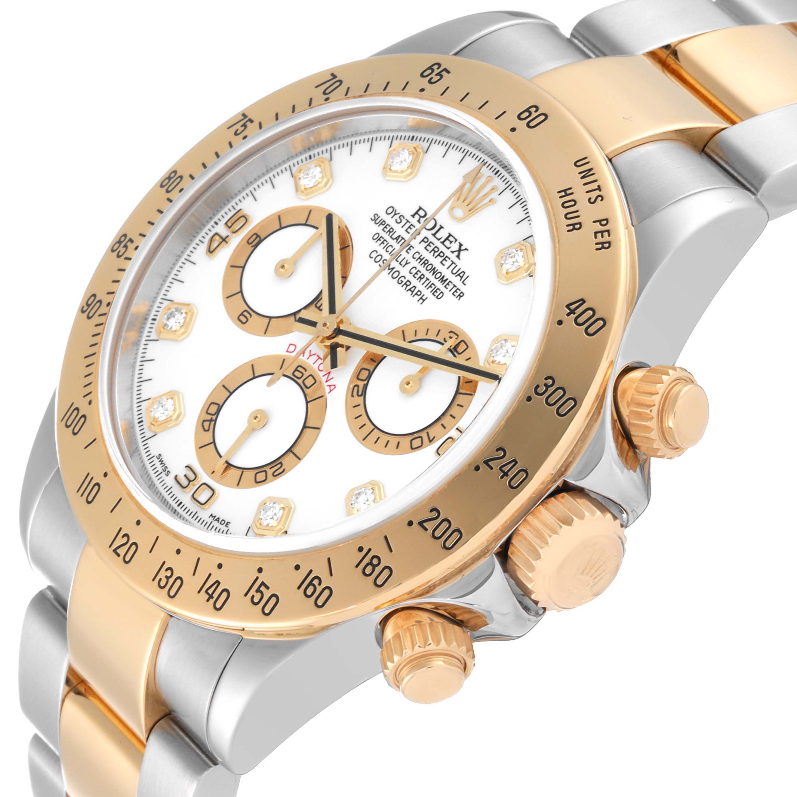 The image shows a close-up view of the Rolex Daytona 116523G Men
s Steel and Gold (two tone) White Dial 116523G Men
s Steel and Gold (two tone) White Dial watch face and side buttons, angled slightly from the front.