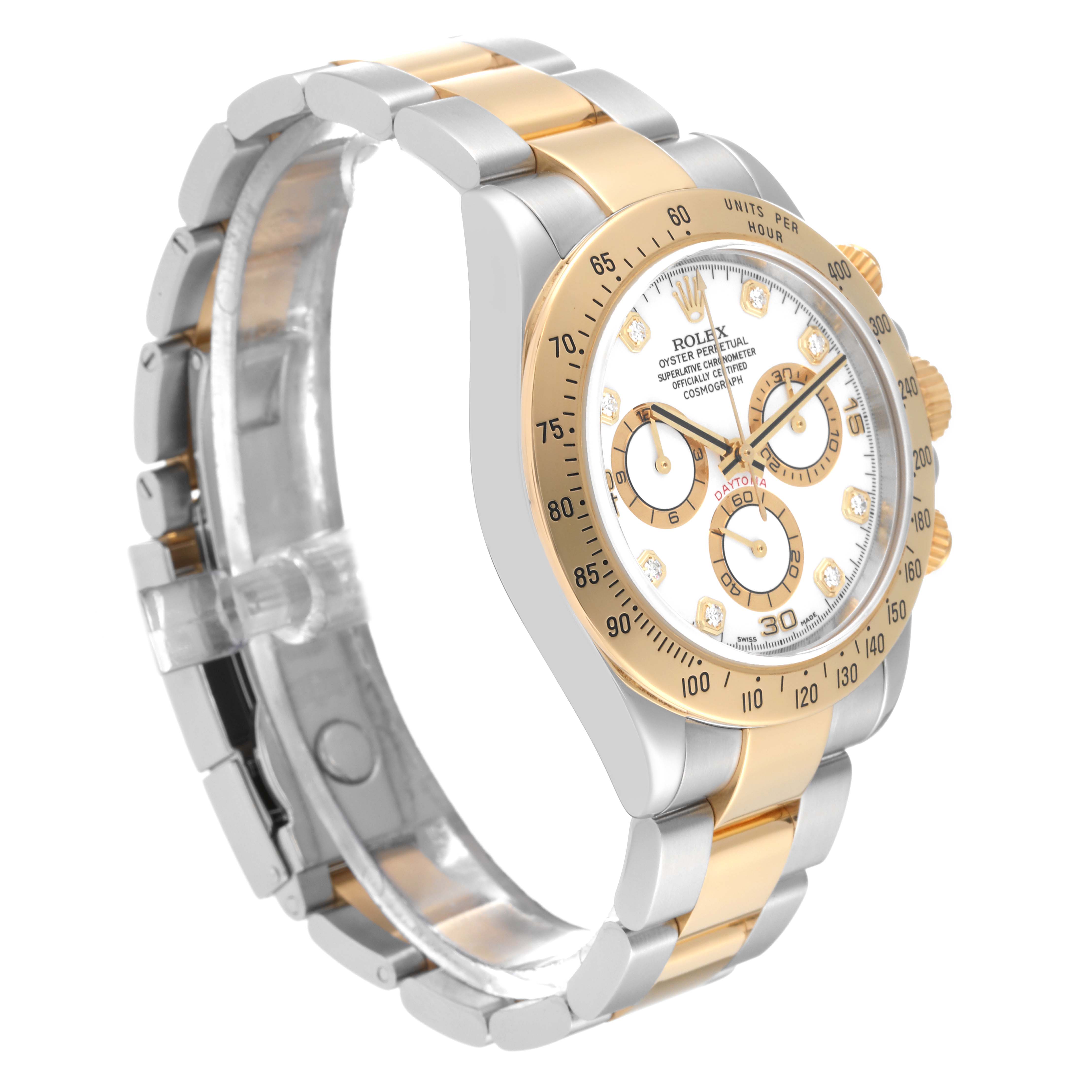 The image shows a side angle of a Rolex Daytona 116523G Men
s Steel and Gold (two tone) White Dial 116523G Men
s Steel and Gold (two tone) White Dial watch, highlighting its bracelet, bezel, and chronograph sub-dials.