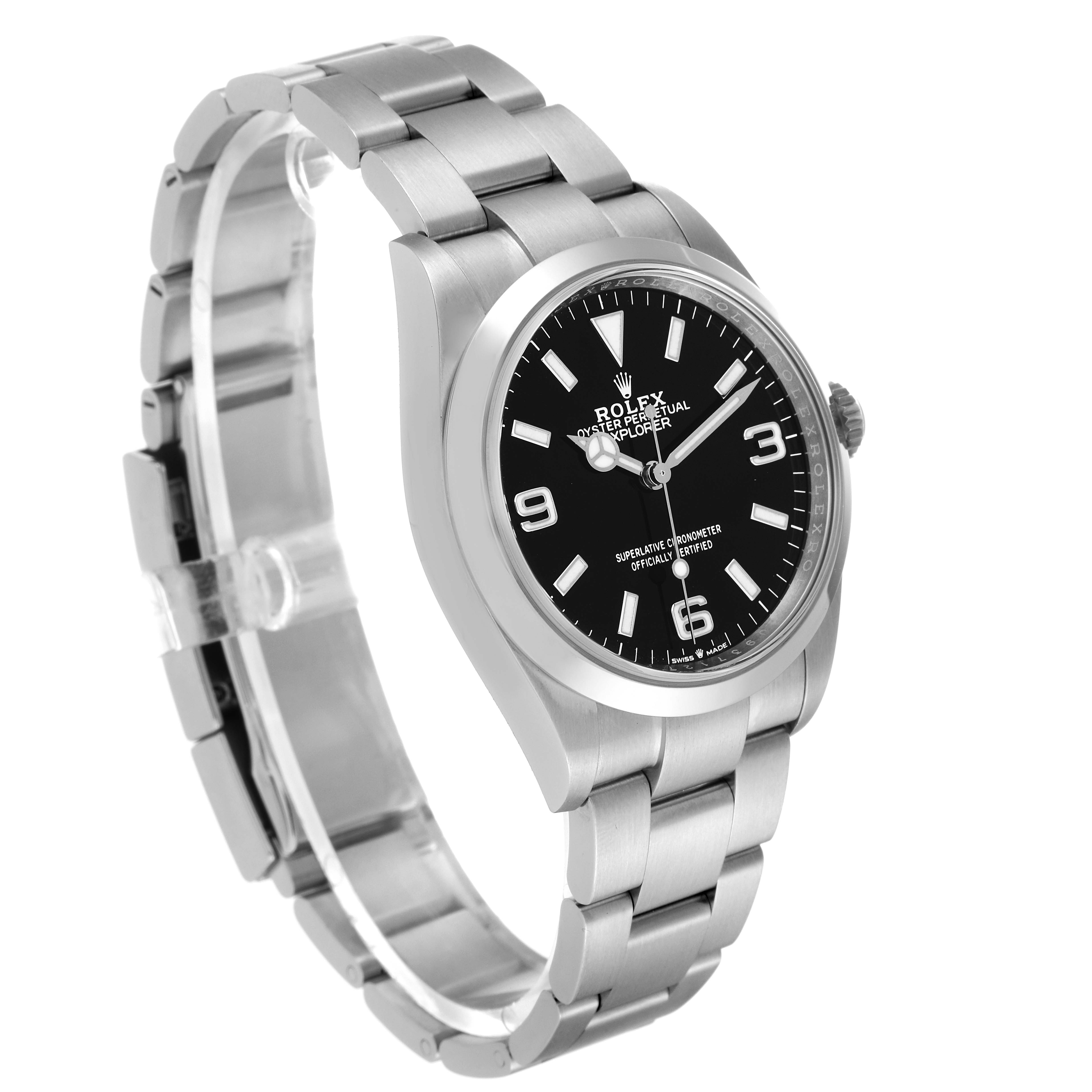 The image shows the front and side view of a Rolex Explorer 124270 Men
s Stainless Steel Black Dial 124270 Men
s Stainless Steel Black Dial watch, focusing on the dial, bezel, crown, and bracelet.