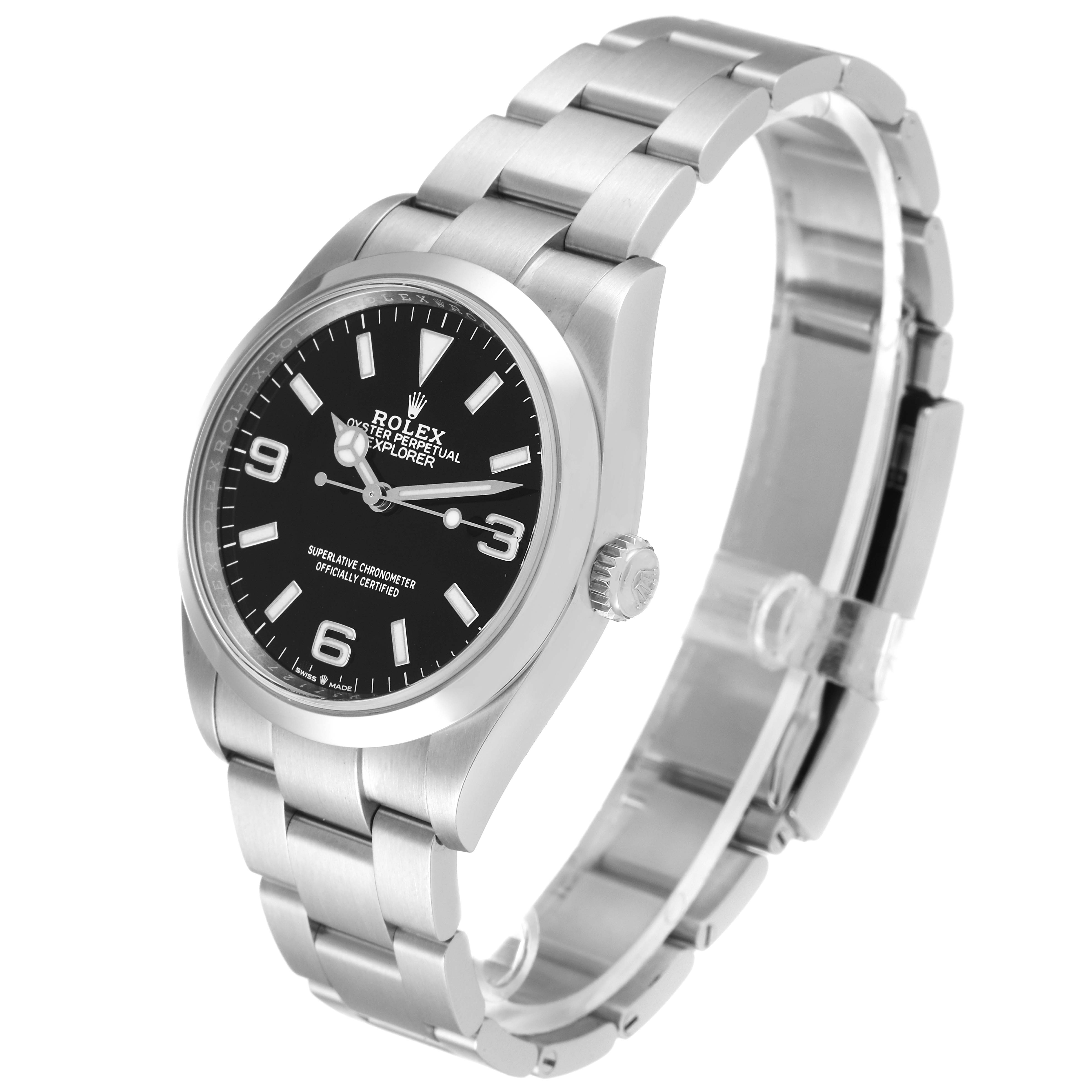 The image shows a side angle of the Rolex Explorer 124270 Men
s Stainless Steel Black Dial 124270 Men
s Stainless Steel Black Dial watch, displaying the dial, crown, case, and bracelet.
