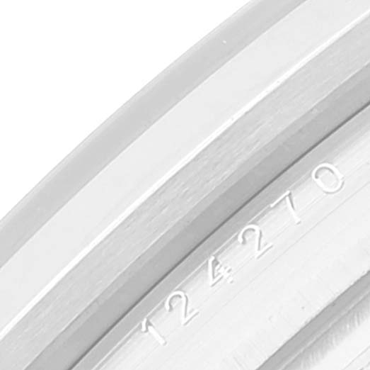 This image shows a close-up angle of the bezel on a Rolex Explorer 124270 Men
s Stainless Steel Black Dial 124270 Men
s Stainless Steel Black Dial model, displaying the model number (124270).