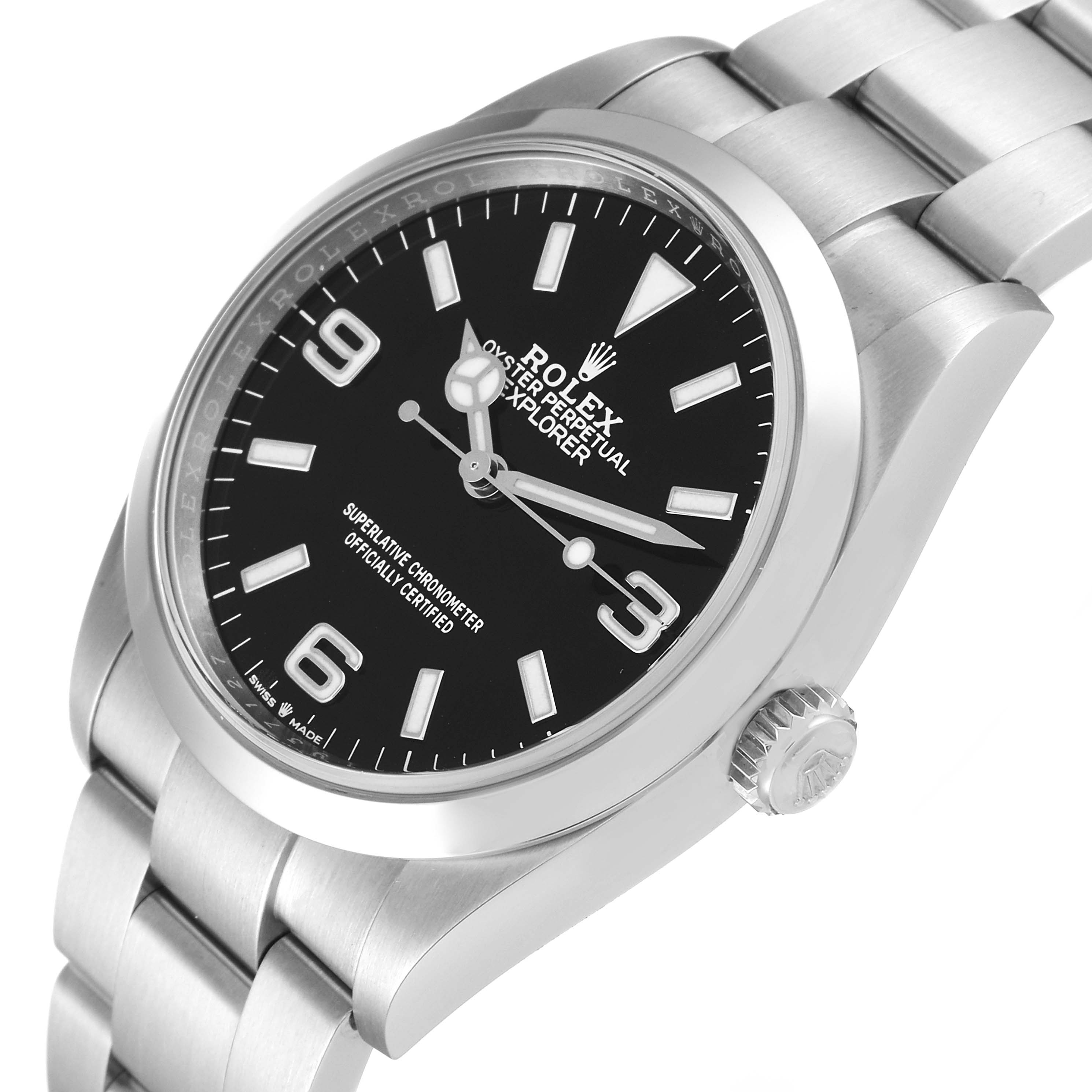 The Rolex Explorer 124270 Men
s Stainless Steel Black Dial 124270 Men
s Stainless Steel Black Dial watch is shown at an angle highlighting the face, crown, and part of the bracelet.
