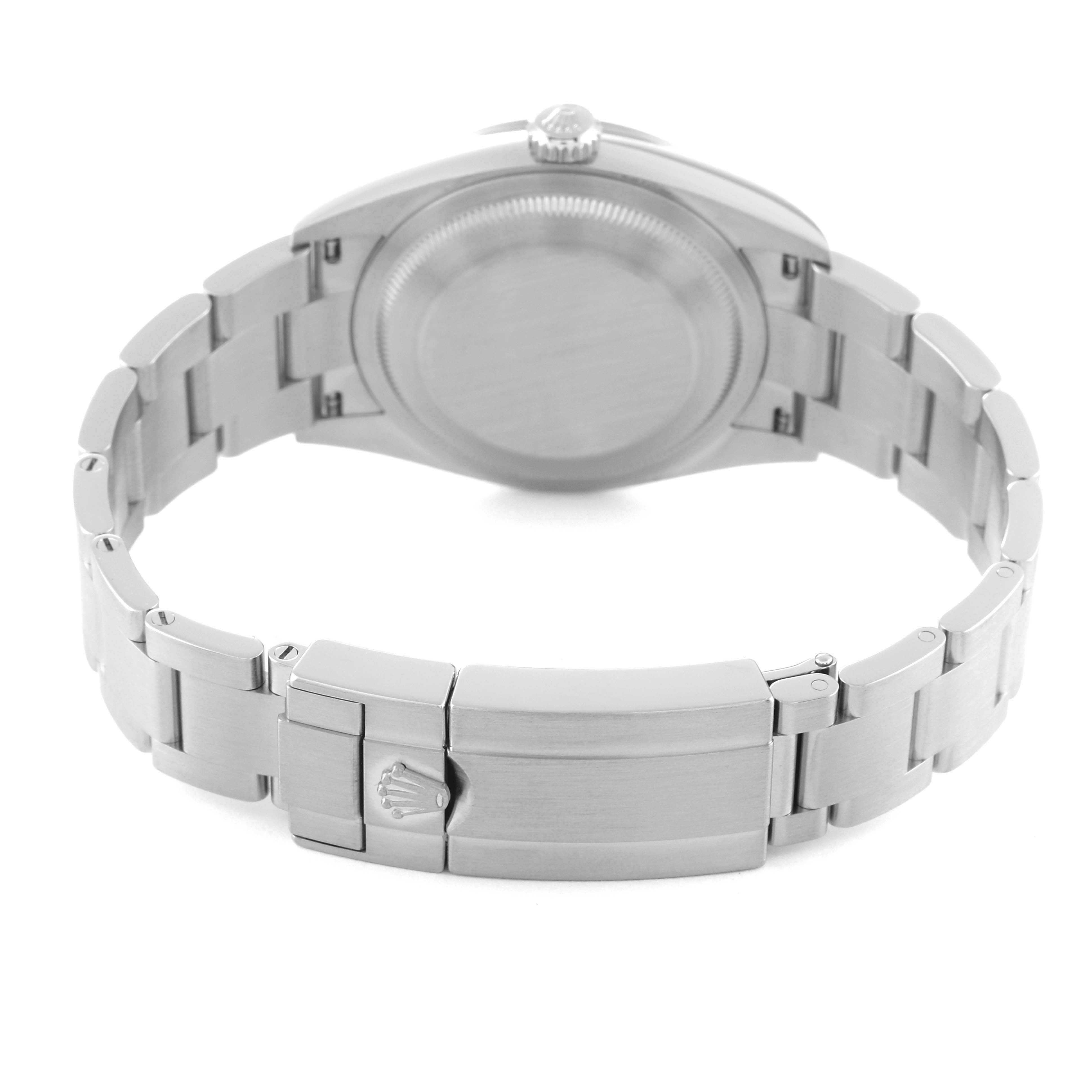 The image shows the back view of a Rolex Explorer 124270 Men
s Stainless Steel Black Dial 124270 Men
s Stainless Steel Black Dial watch, displaying its case back, crown, and bracelet with the clasp.