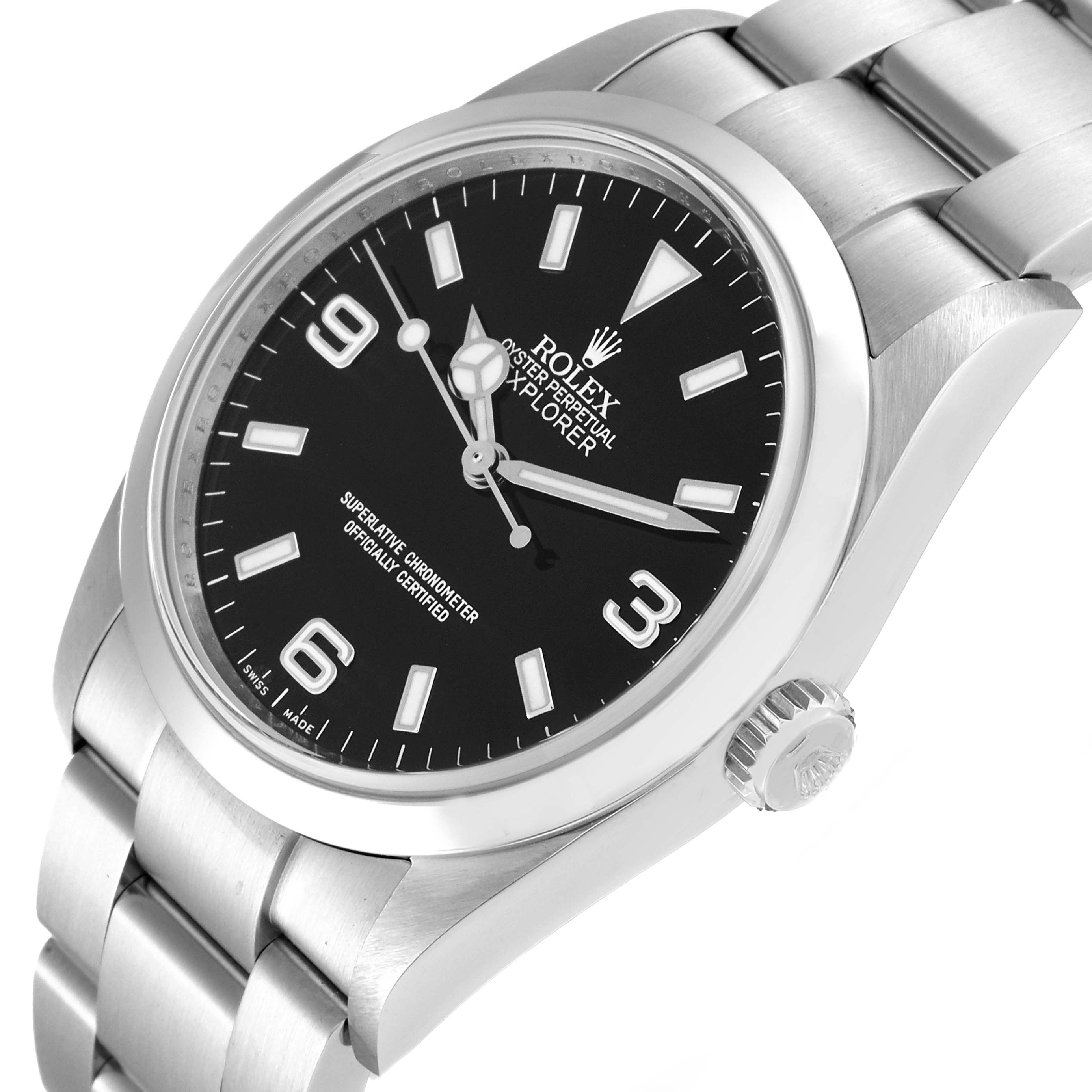 The image shows a Rolex Explorer 114270 Men's Stainless Steel Black Dial 114270 Men's Stainless Steel Black Dial watch from an angled top-down perspective, highlighting the dial, case, and part of the bracelet.