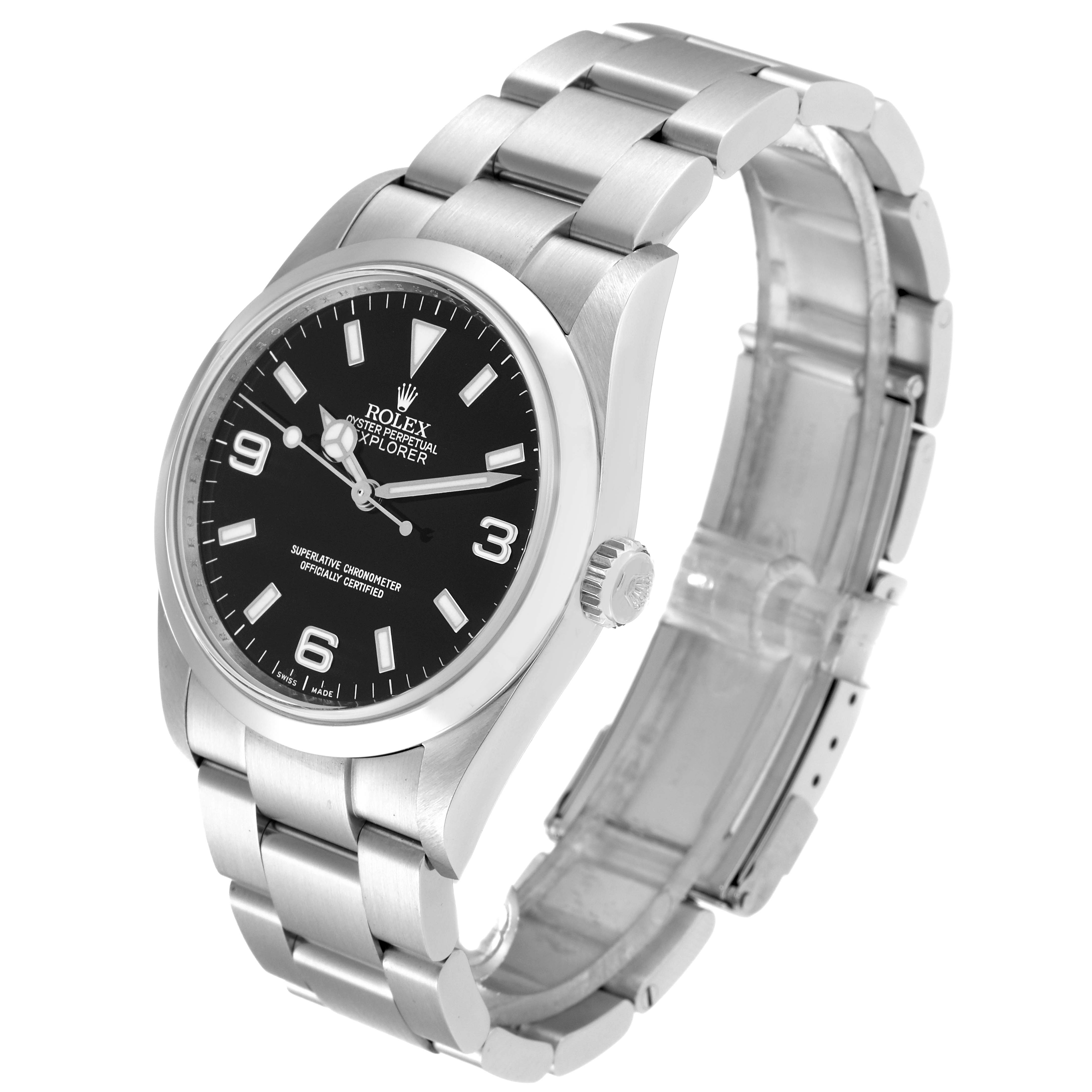 The Rolex Explorer 114270 Men's Stainless Steel Black Dial 114270 Men's Stainless Steel Black Dial model watch is shown at a slight angle, highlighting its face, bezel, crown, and bracelet.