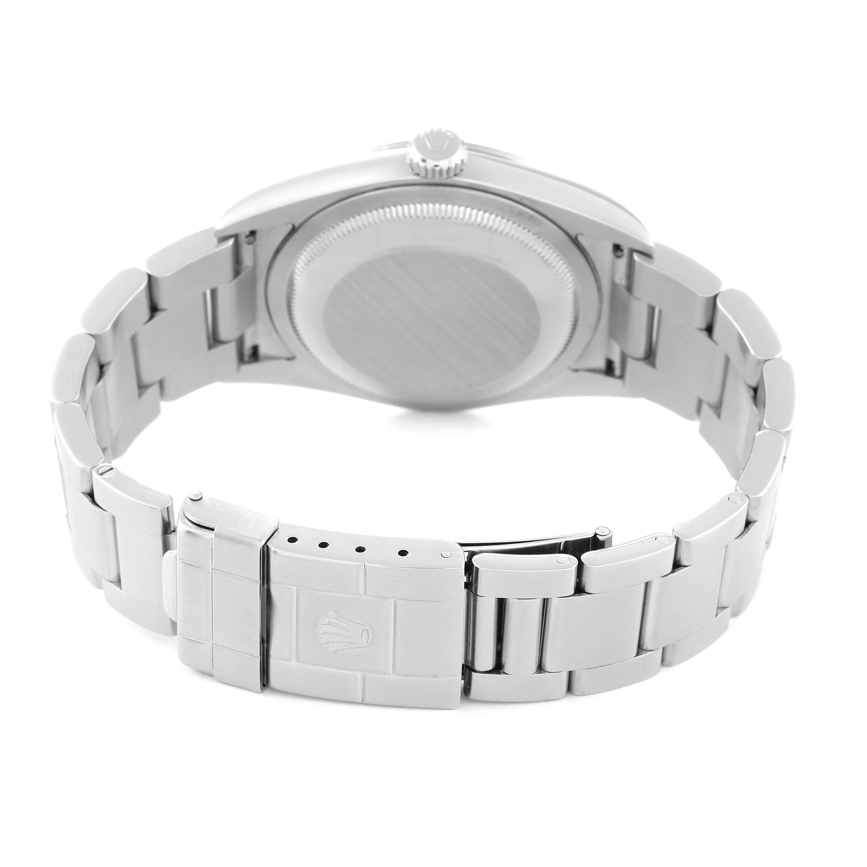 The image shows the back case and bracelet clasp of a Rolex Explorer 114270 Men's Stainless Steel Black Dial 114270 Men's Stainless Steel Black Dial watch.