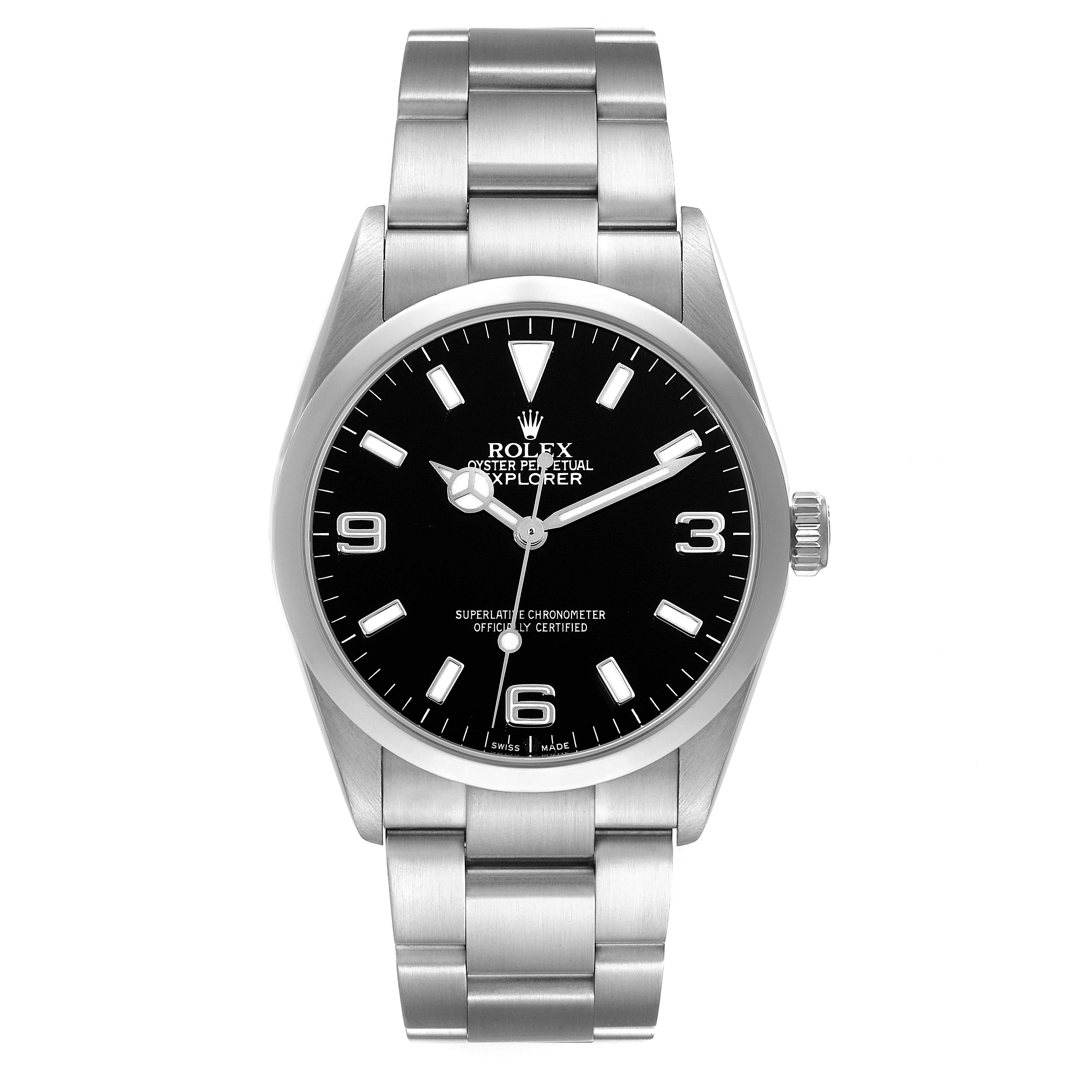 The image shows a frontal view of a Rolex Explorer 114270 Men's Stainless Steel Black Dial 114270 Men's Stainless Steel Black Dial watch, highlighting its black dial, silver bracelet, and crown.