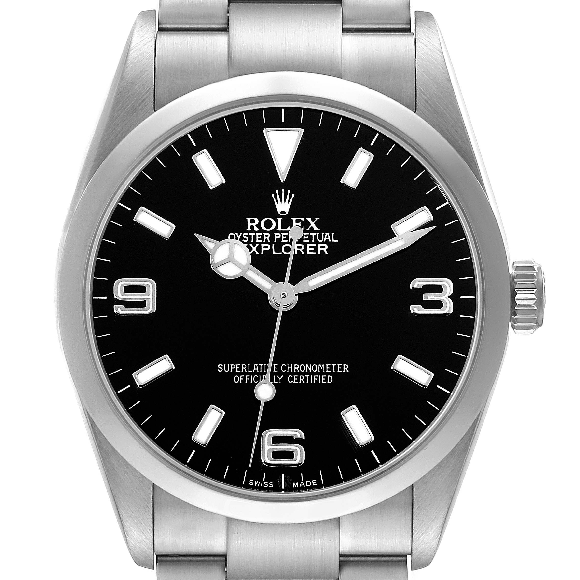Front view of a Rolex Explorer 114270 Men's Stainless Steel Black Dial 114270 Men's Stainless Steel Black Dial watch displaying the dial, hands, crown, and part of the stainless steel bracelet.