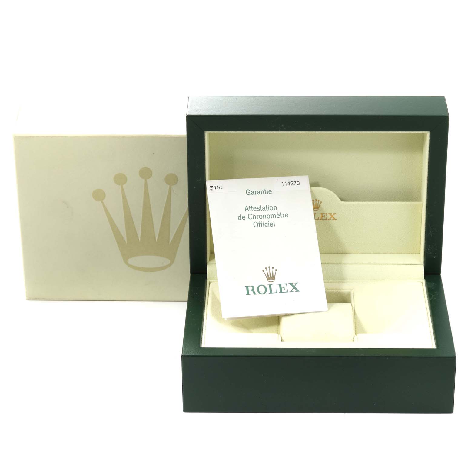 The image shows an open Rolex Explorer 114270 Men's Stainless Steel Black Dial 114270 Men's Stainless Steel Black Dial watch box with warranty papers inside.