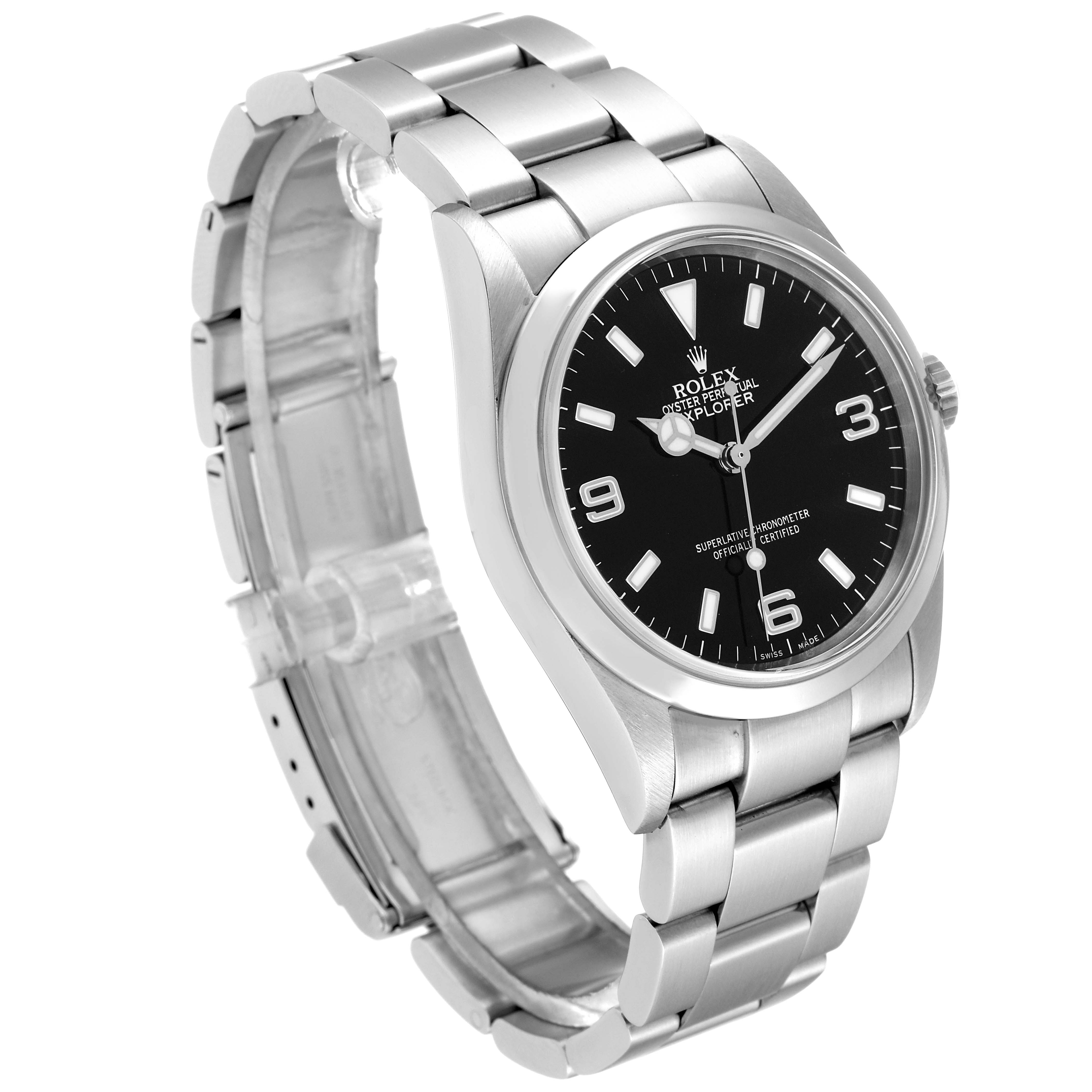 This image shows a Rolex Explorer 114270 Men's Stainless Steel Black Dial 114270 Men's Stainless Steel Black Dial watch at a three-quarter angle, highlighting its black dial and stainless steel bracelet.