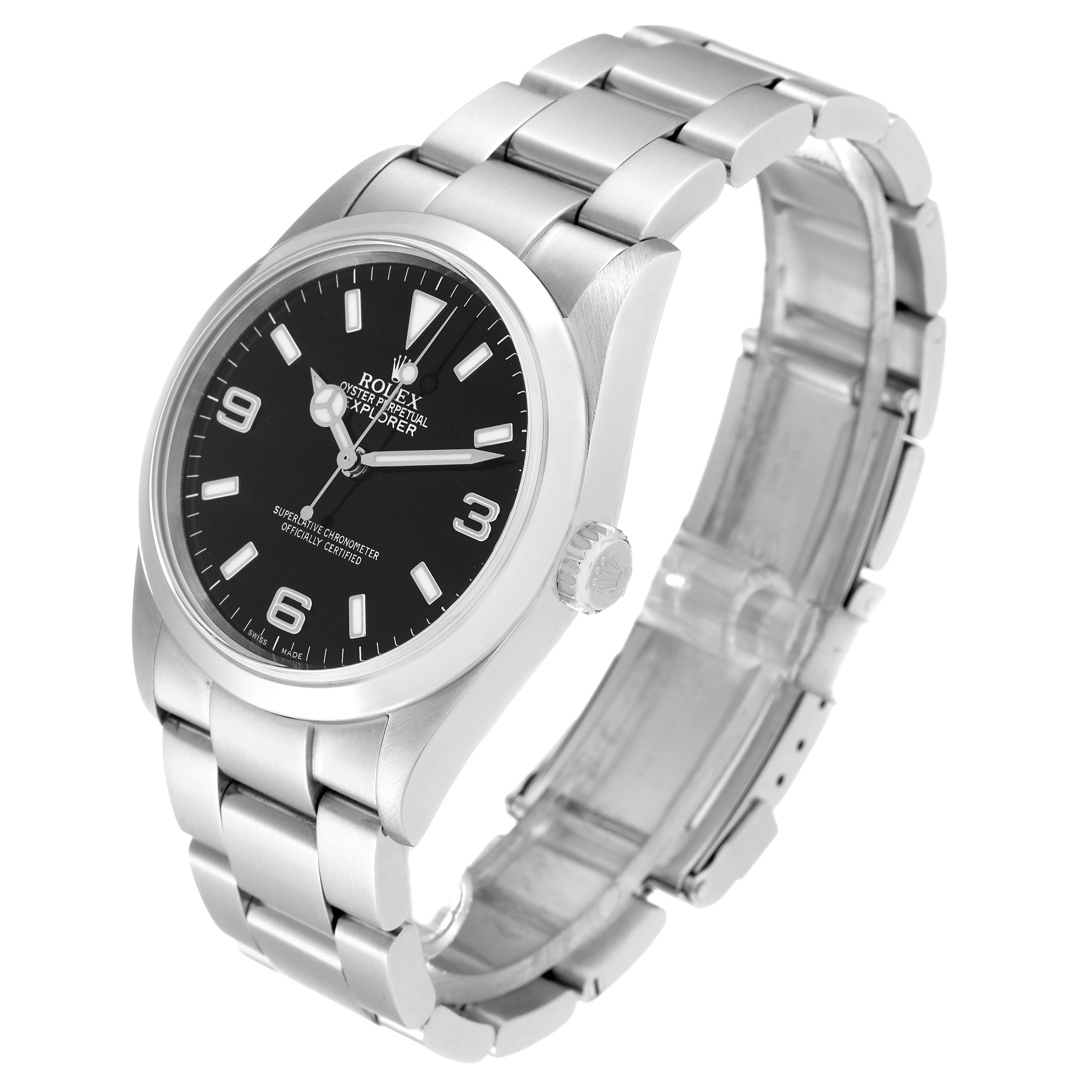 The image shows a side angle of a Rolex Explorer 114270 Men's Stainless Steel Black Dial 114270 Men's Stainless Steel Black Dial watch, highlighting its black dial, stainless steel case, and bracelet.