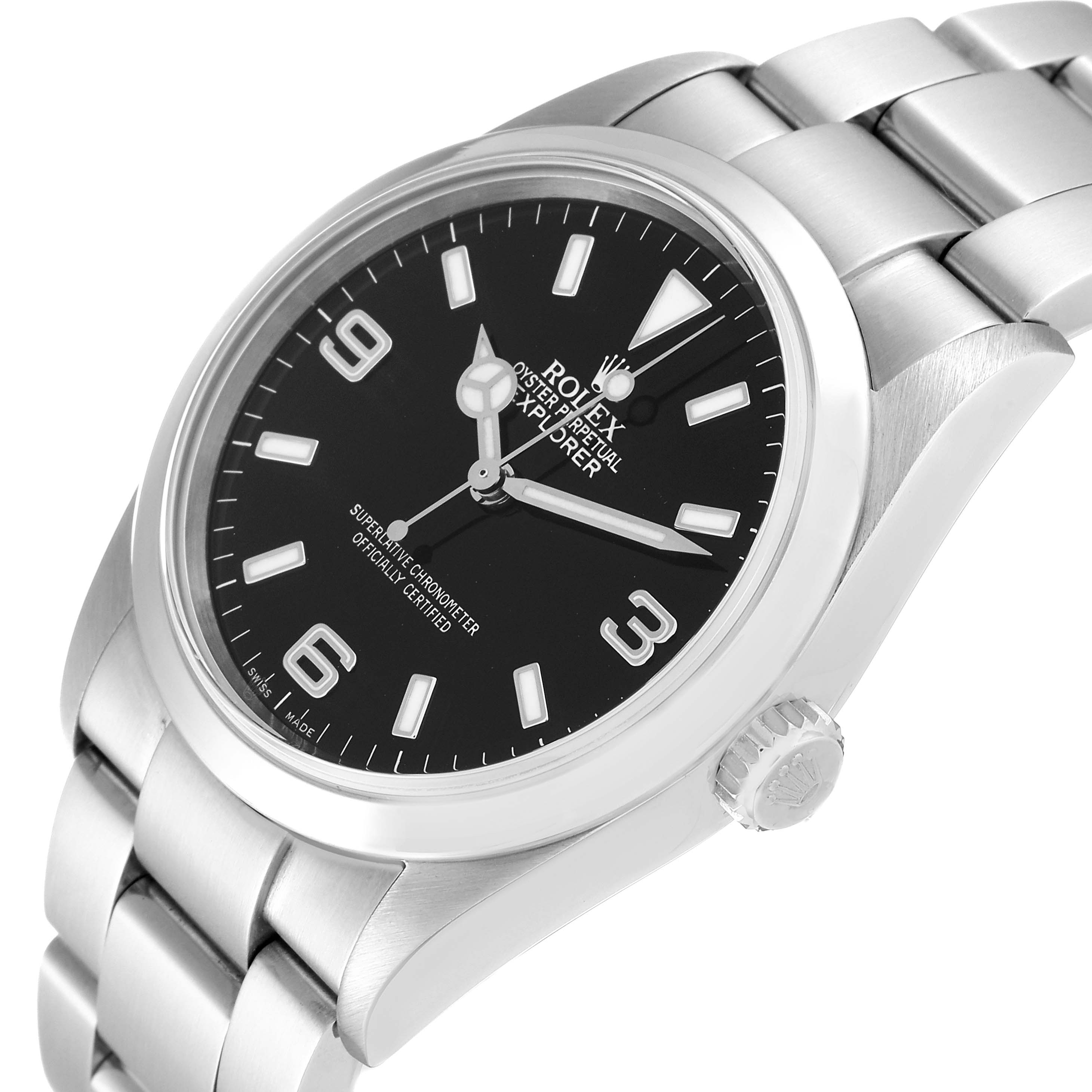 The image shows a close-up angled view of a Rolex Explorer 114270 Men's Stainless Steel Black Dial 114270 Men's Stainless Steel Black Dial watch, highlighting the dial, bezel, crown, and part of the bracelet.