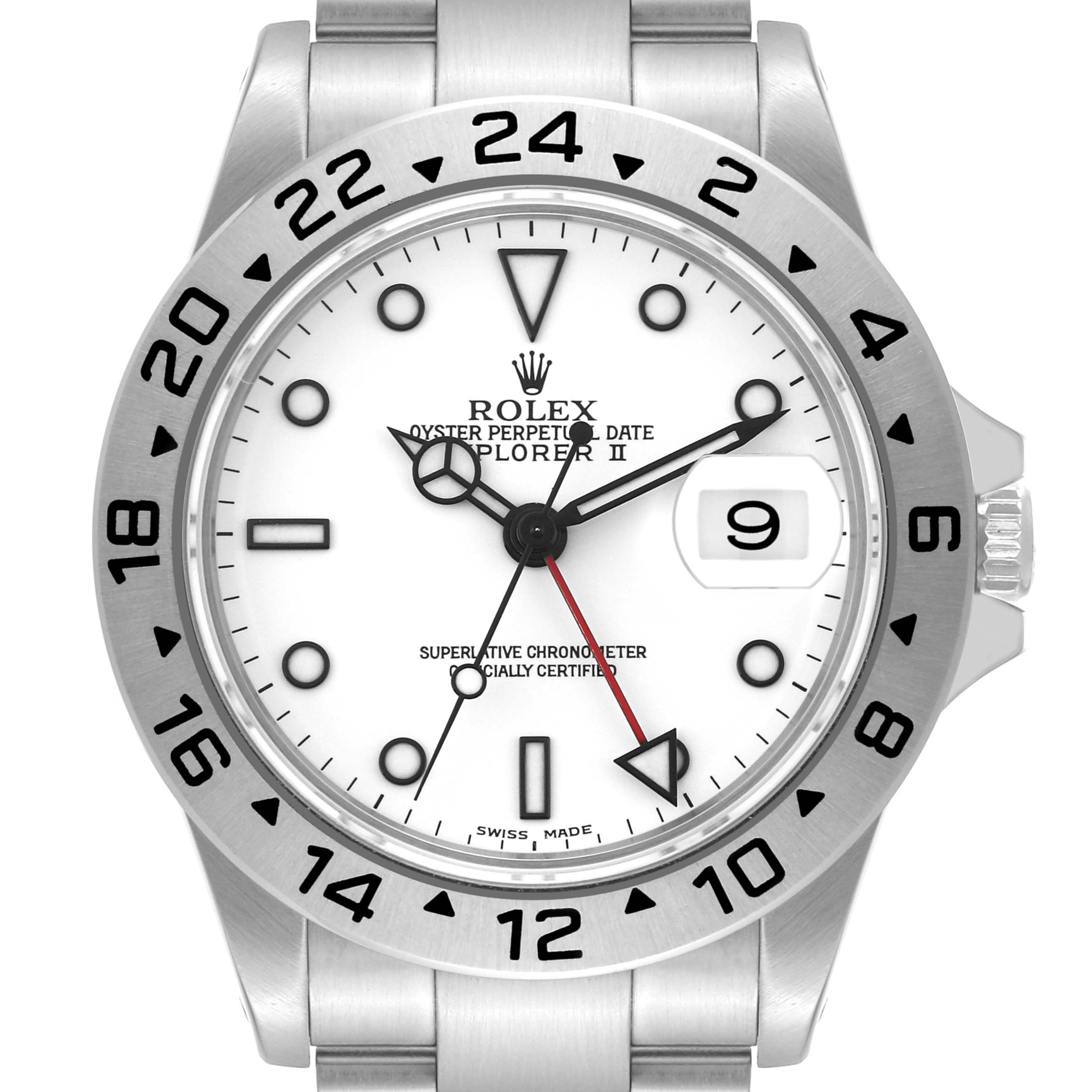 The image shows a frontal view of the Rolex Explorer 16570 Men's Stainless Steel White Dial 16570 Men's Stainless Steel White Dial watch, displaying the dial, bezel, date window, and part of the bracelet.