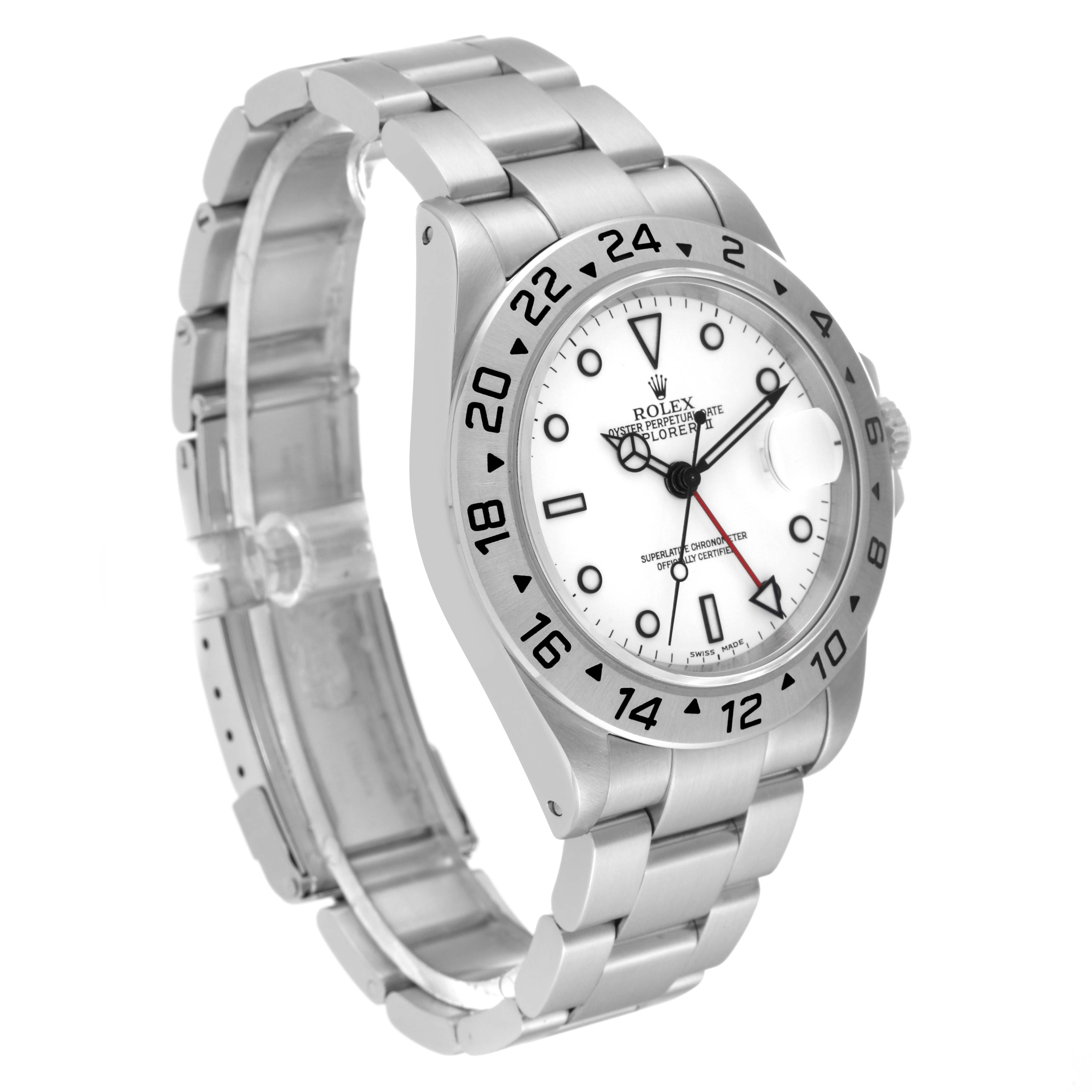 The Rolex Explorer 16570 Men's Stainless Steel White Dial 16570 Men's Stainless Steel White Dial watch is shown at a three-quarter angle, highlighting its face, bezel, and bracelet.