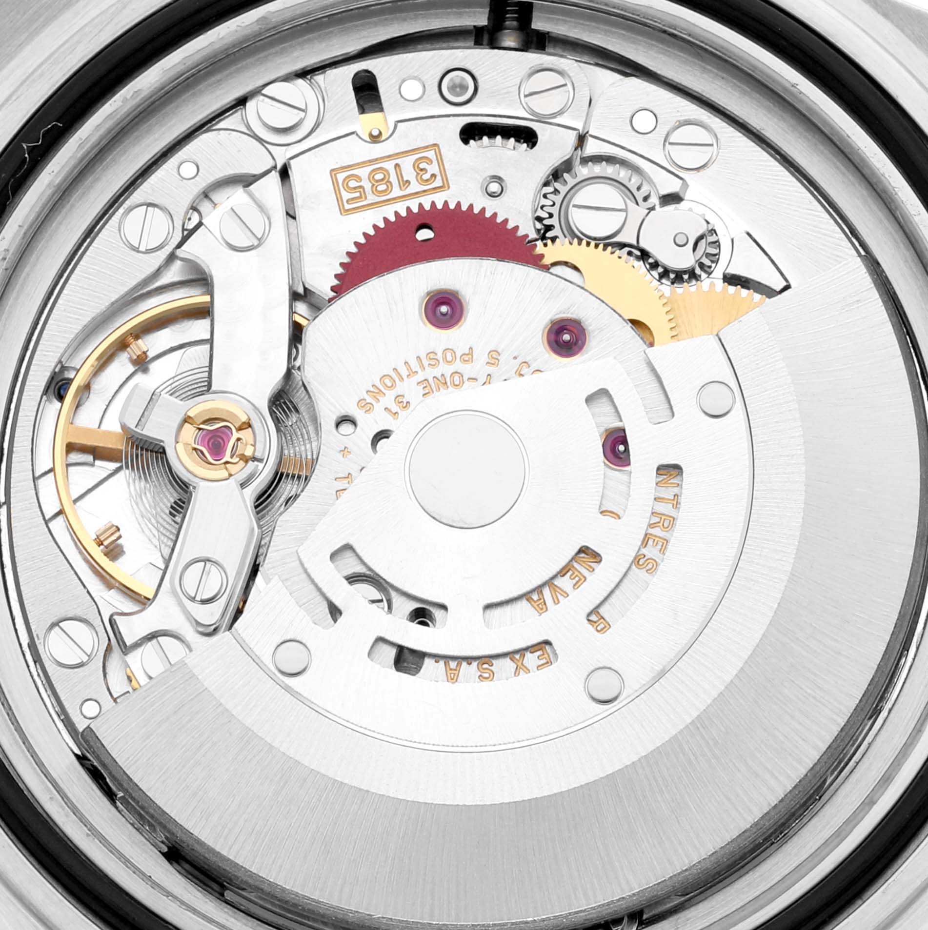 This image shows the intricate internal mechanisms of a Rolex Explorer 16570 Men's Stainless Steel White Dial 16570 Men's Stainless Steel White Dial watch, focusing on its movement components and gears.