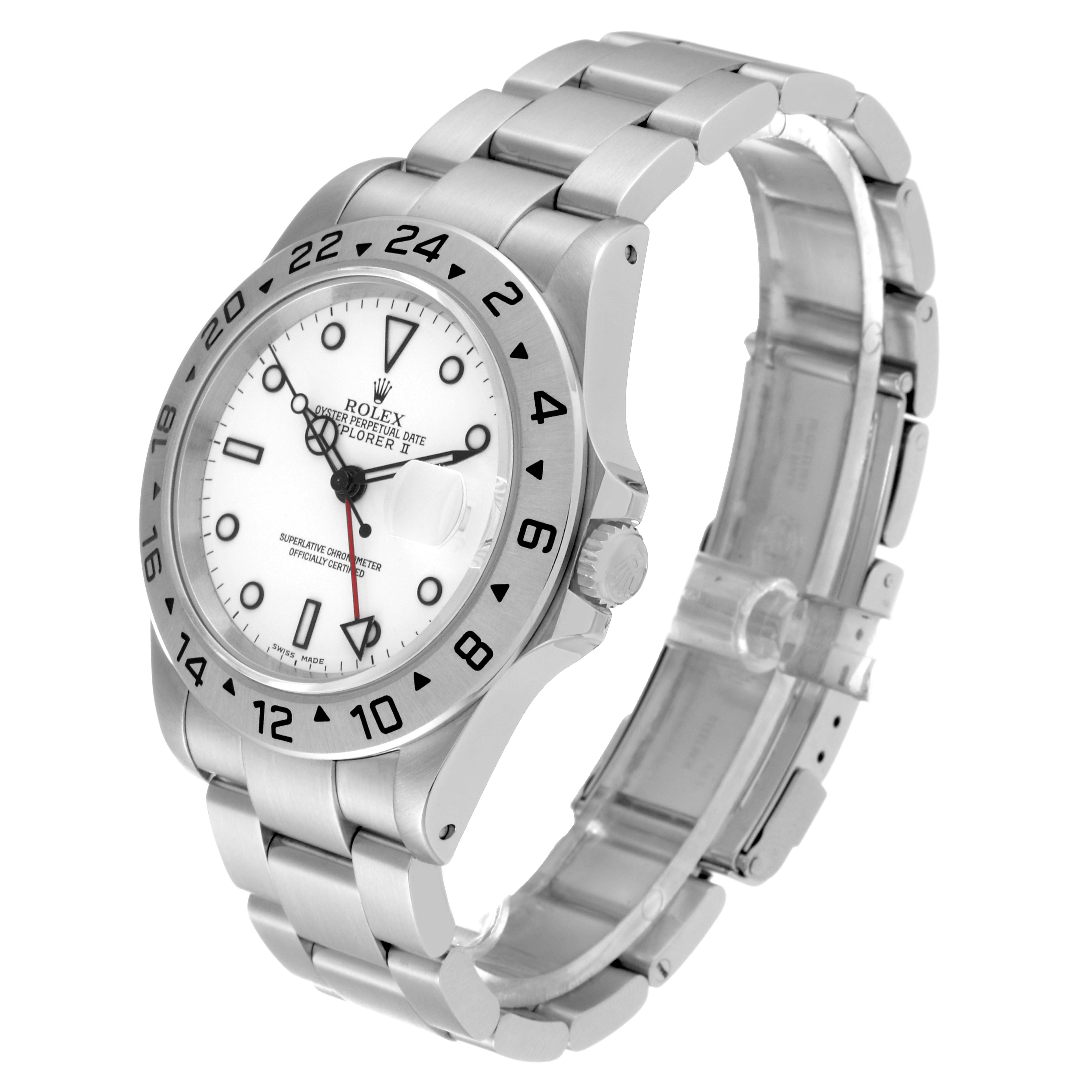 The image shows a side angle view of the Rolex Explorer 16570 Men's Stainless Steel White Dial 16570 Men's Stainless Steel White Dial watch, including the case, bezel, dial, crown, and bracelet.