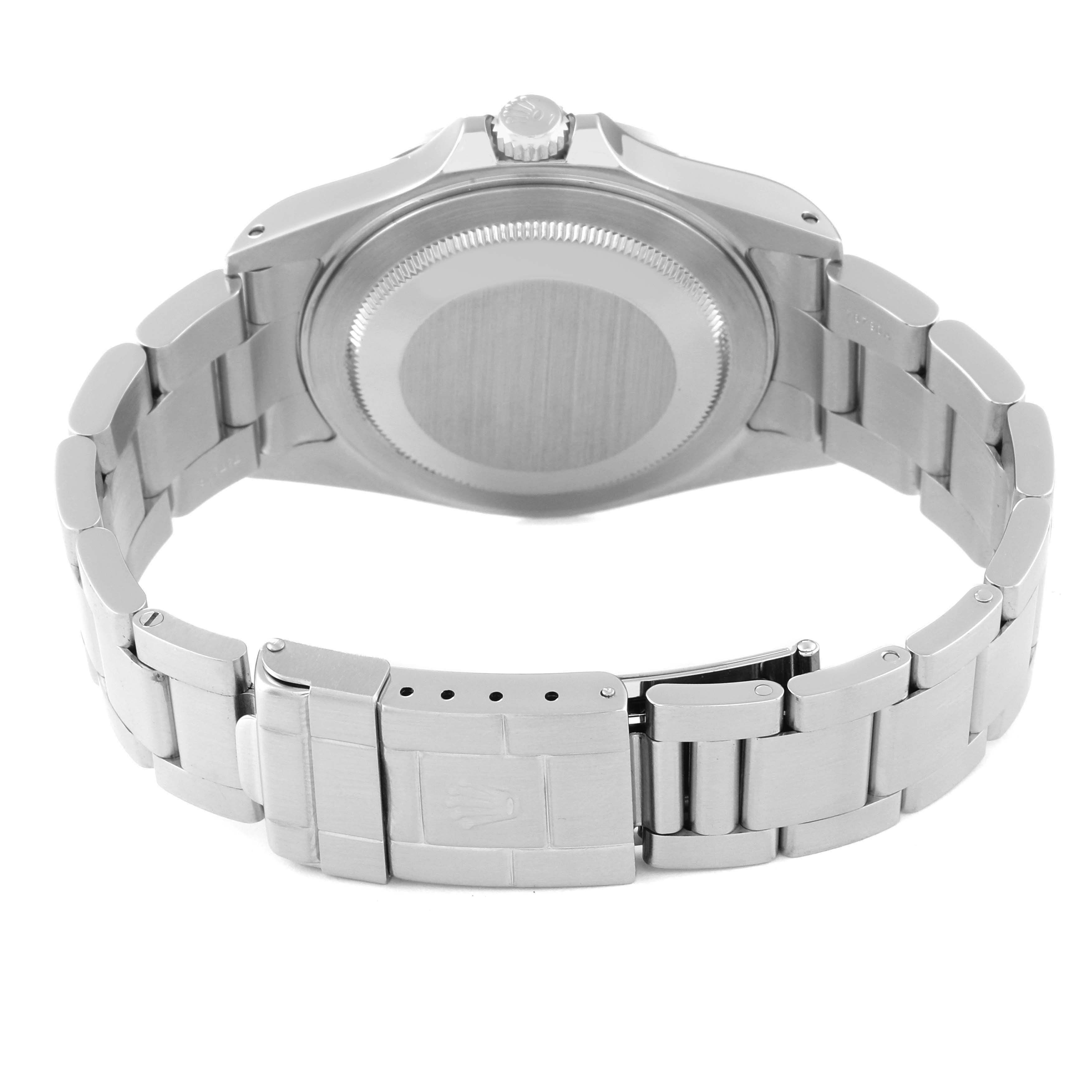 This image shows the back view of a Rolex Explorer 16570 Men's Stainless Steel White Dial 16570 Men's Stainless Steel White Dial watch, focusing on the case back, bracelet, and clasp.