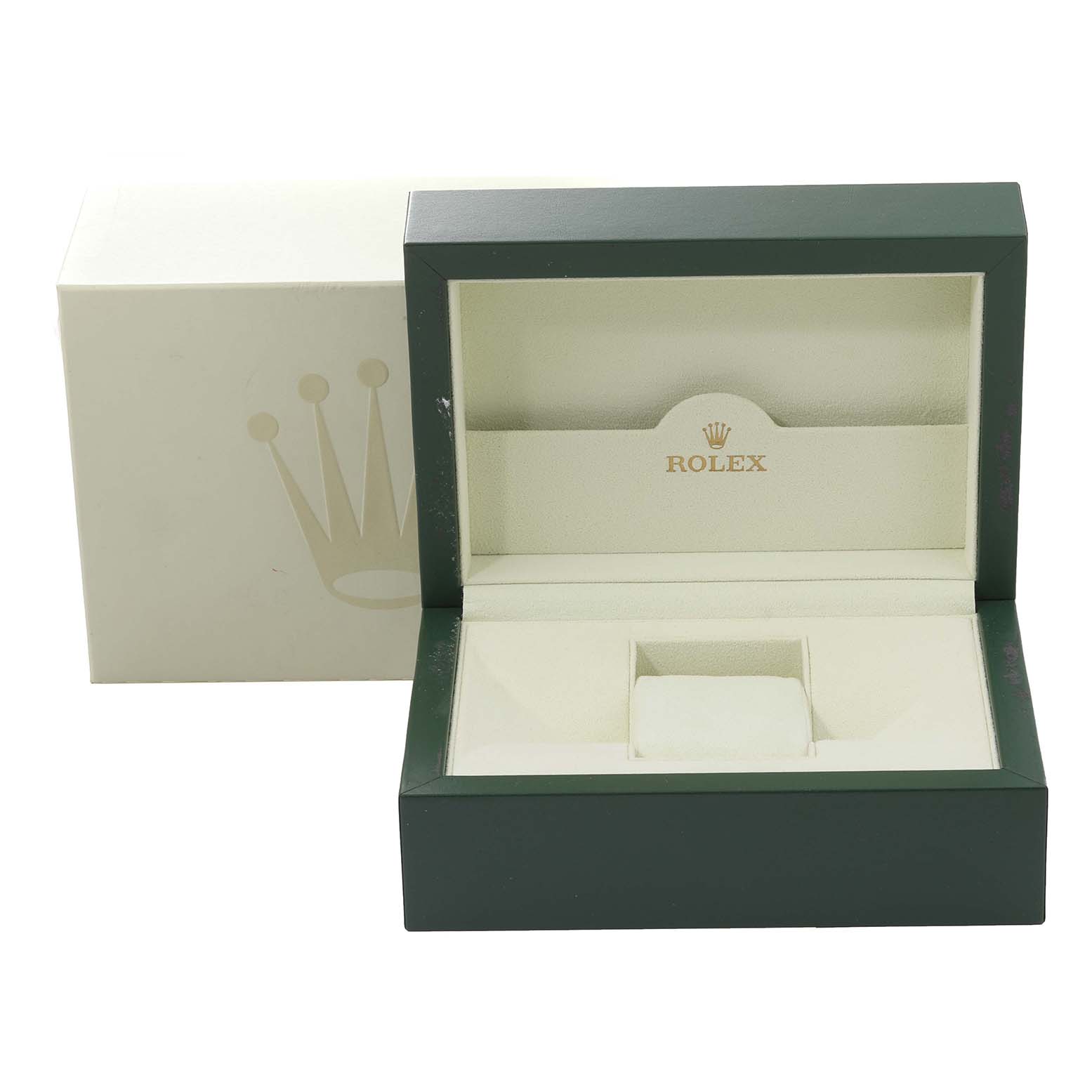 This image shows an open Rolex Explorer 16570 Men's Stainless Steel White Dial 16570 Men's Stainless Steel White Dial watch box and its outer packaging from a front angle.