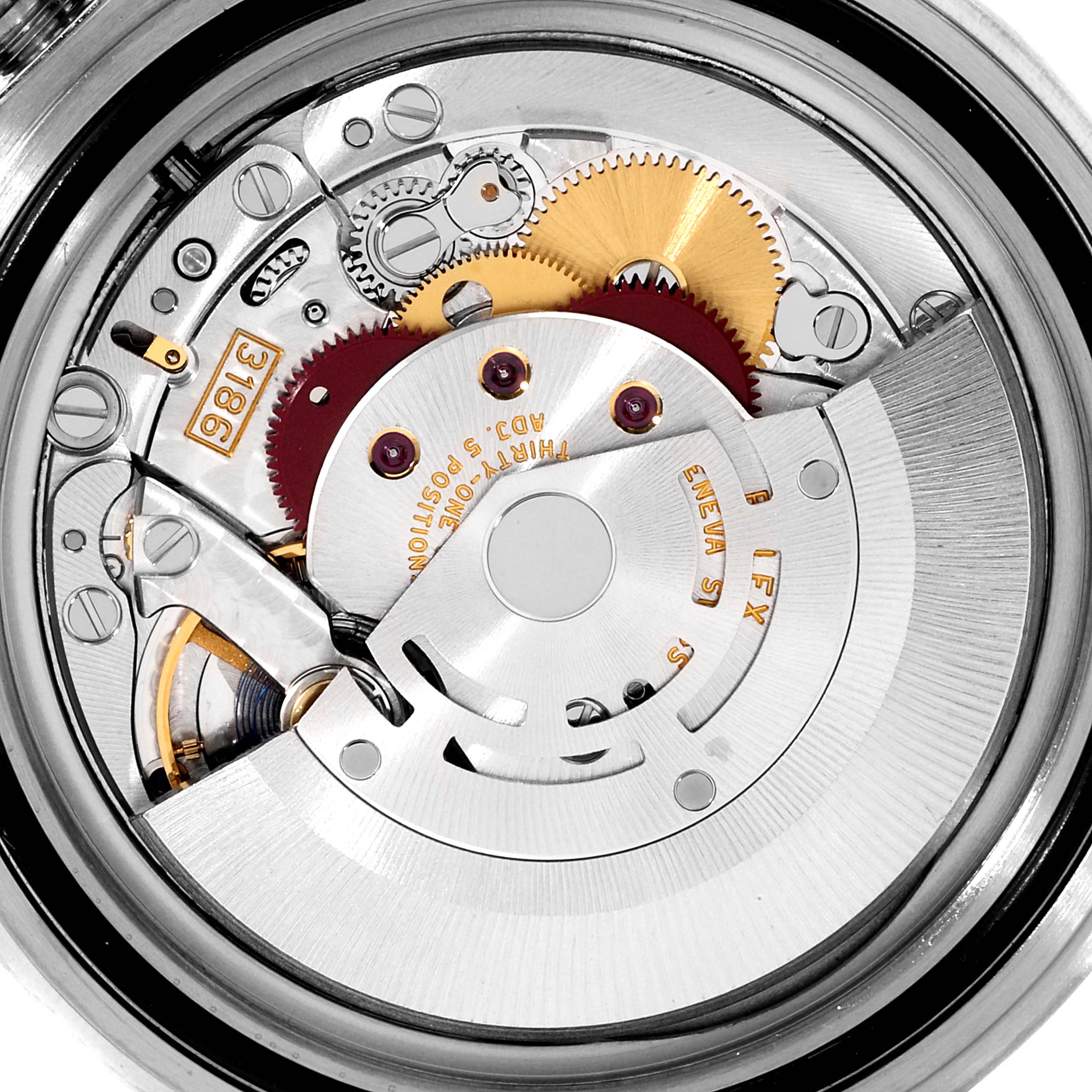 The image shows the intricate movement of a Rolex Explorer 16570 Men's Stainless Steel White Dial 16570 Men's Stainless Steel White Dial model, focusing on its gears and mechanical parts.