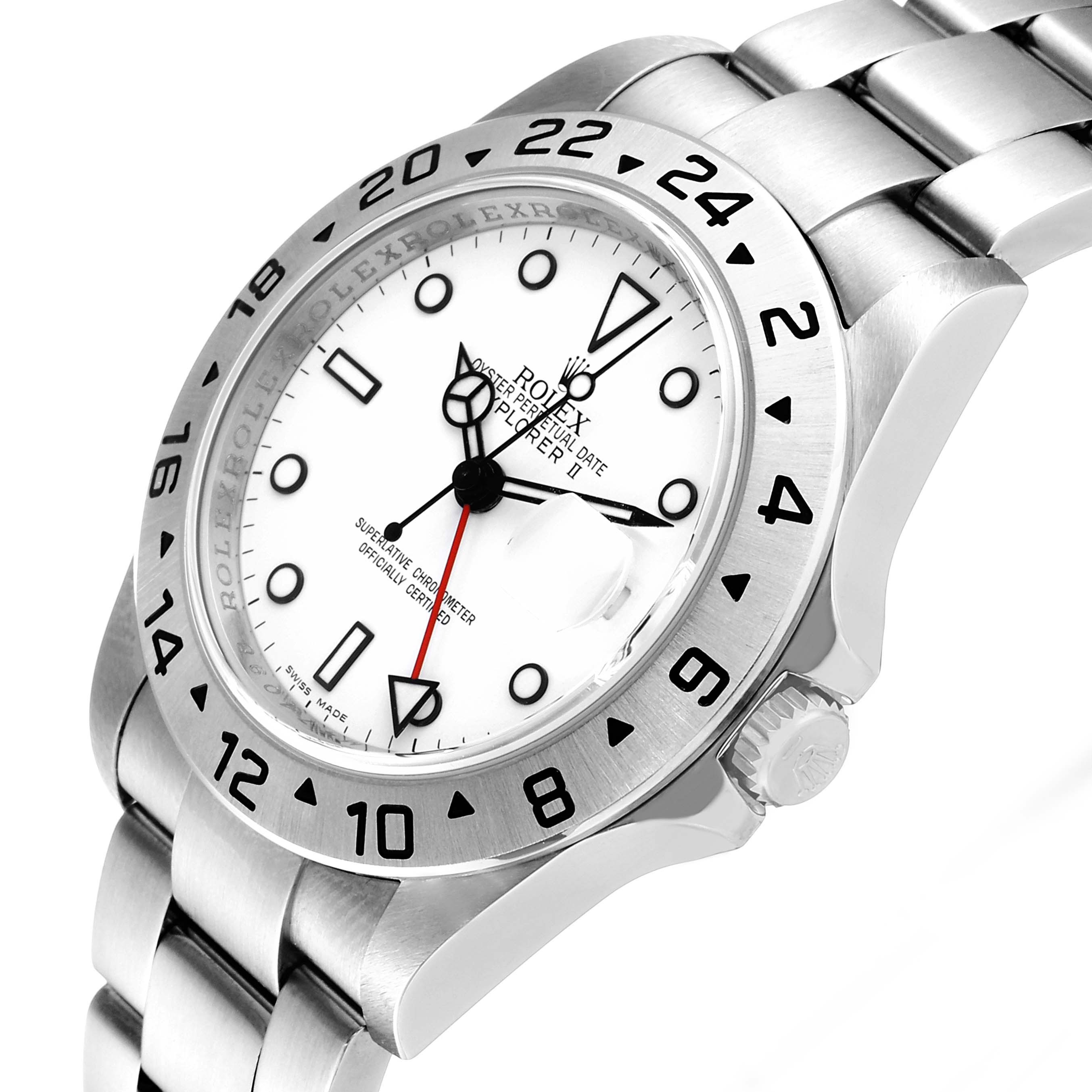 The image shows a Rolex Explorer 16570 Men's Stainless Steel White Dial 16570 Men's Stainless Steel White Dial watch at an angled view, highlighting the dial, bezel, and a portion of the bracelet and crown.